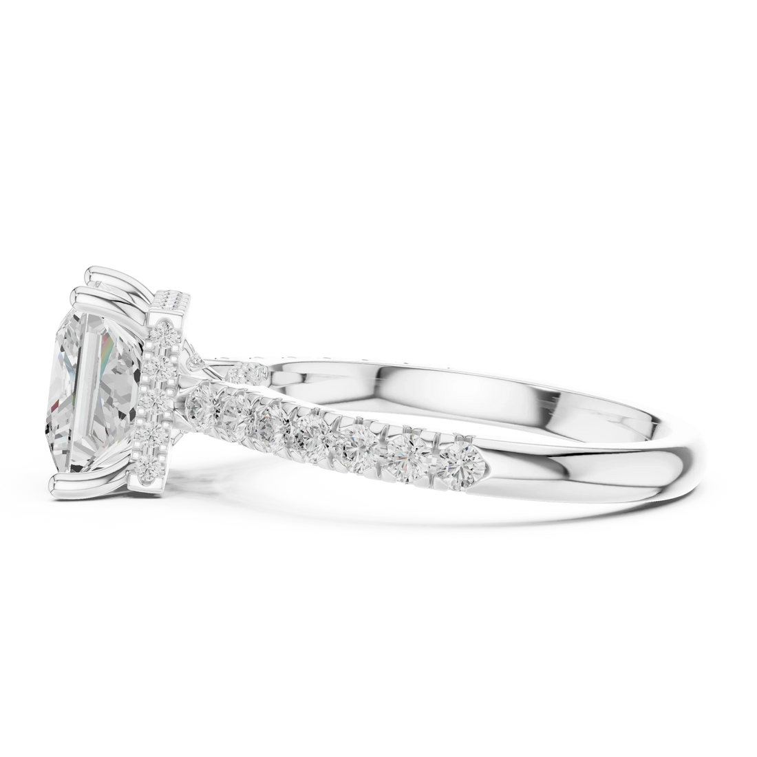 Princess Cut Diamond Hidden Halo Engagement Ring with Pave Band