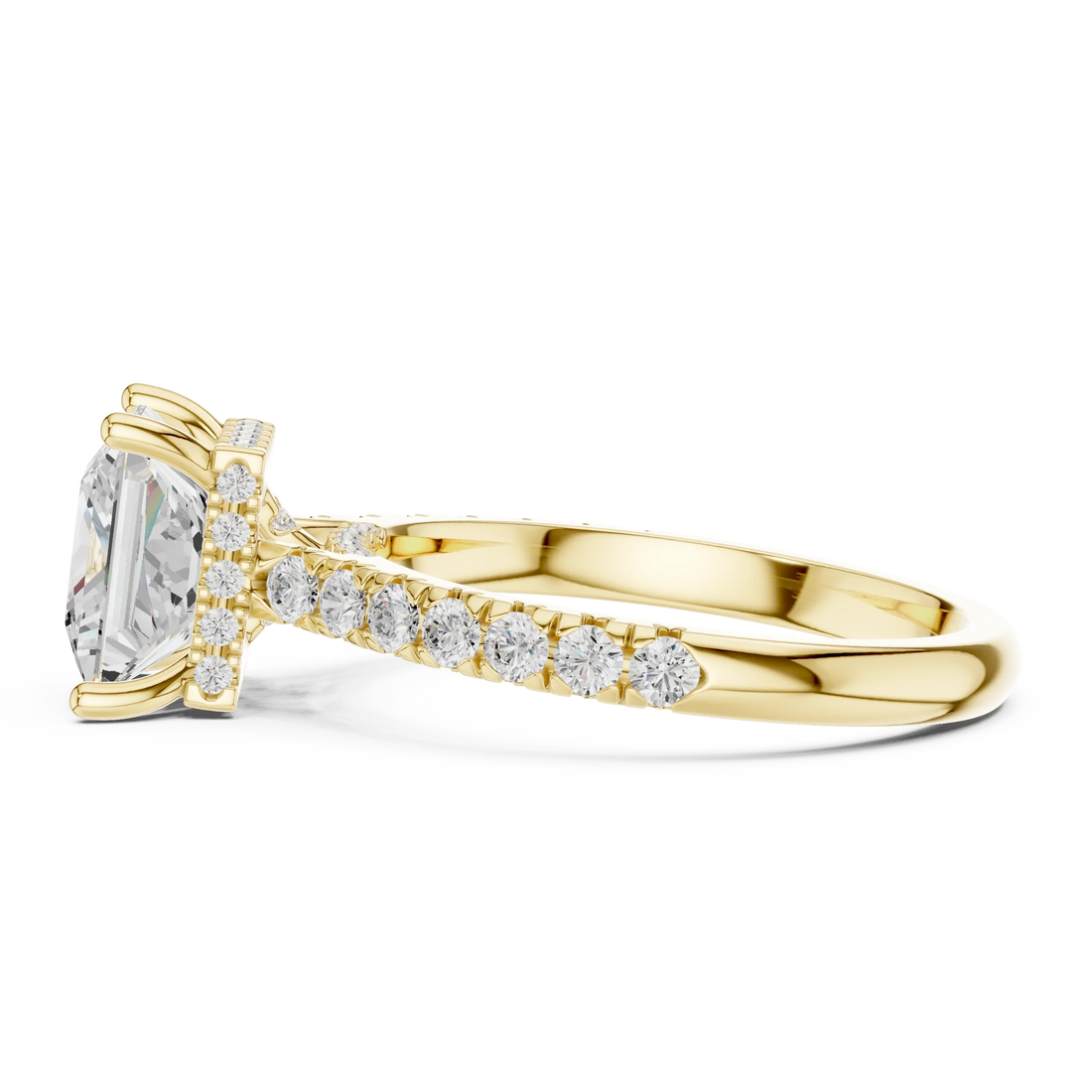Princess Cut Diamond Hidden Halo Engagement Ring with Pave Band