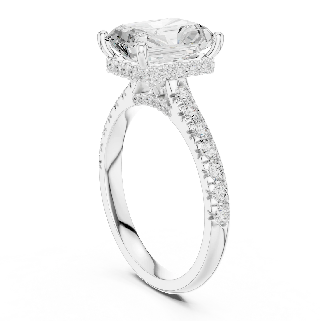 Radiant Cut Diamond Hidden Halo Engagement Ring with Pave Band