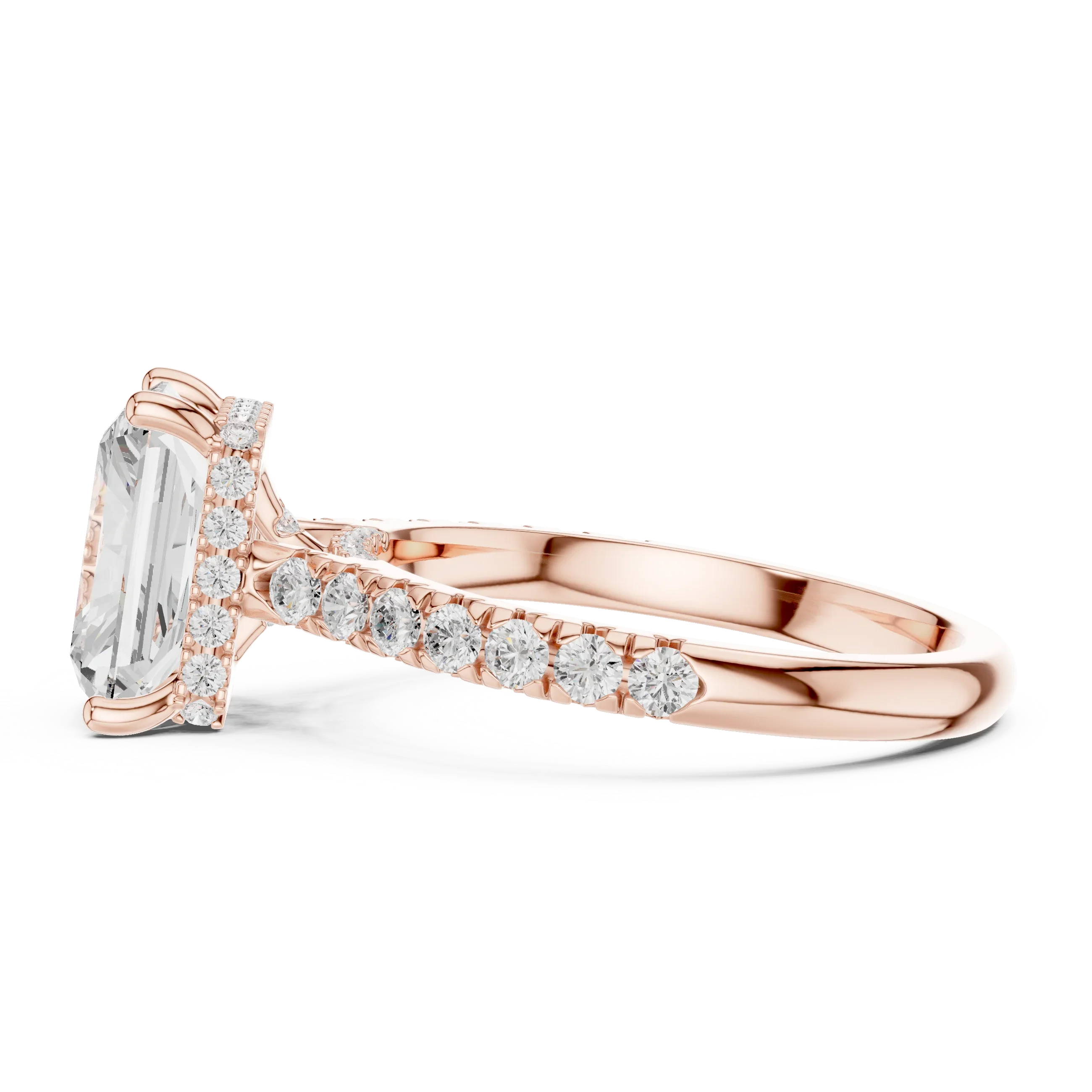Radiant Cut Diamond Hidden Halo Engagement Ring with Pave Band