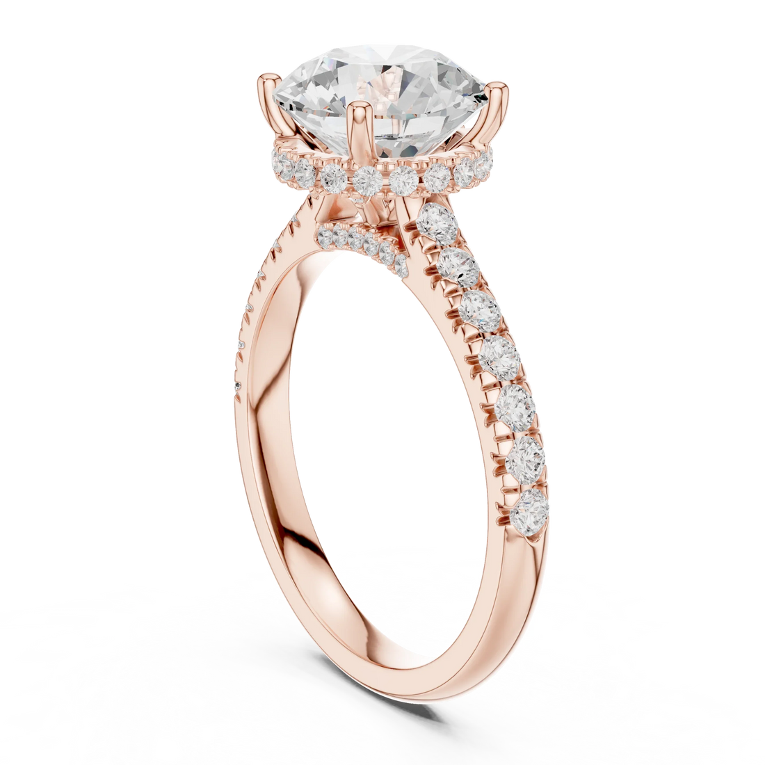 Round Cut Diamond Hidden Halo Engagement Ring with Pave Band