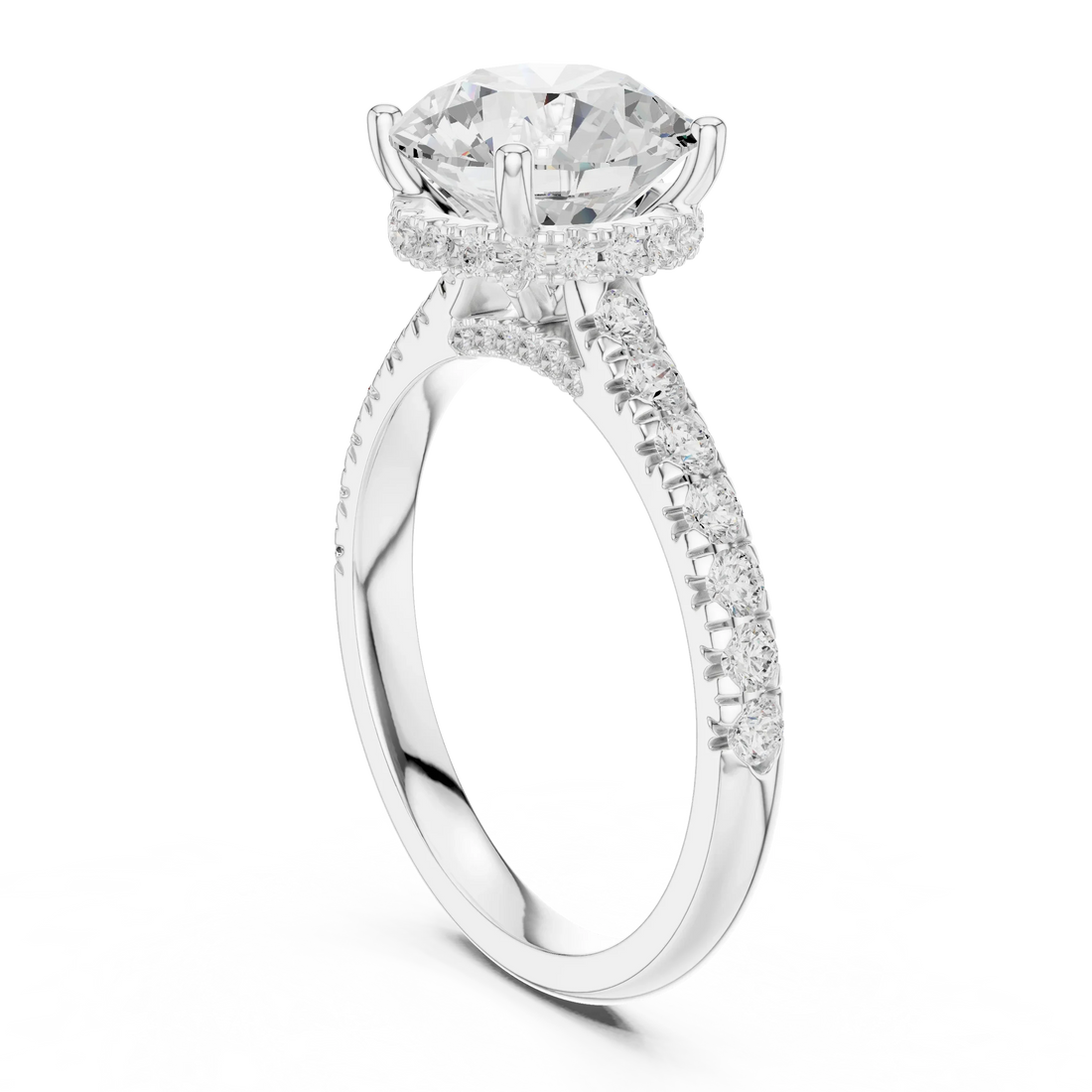 Round Cut Diamond Hidden Halo Engagement Ring with Pave Band