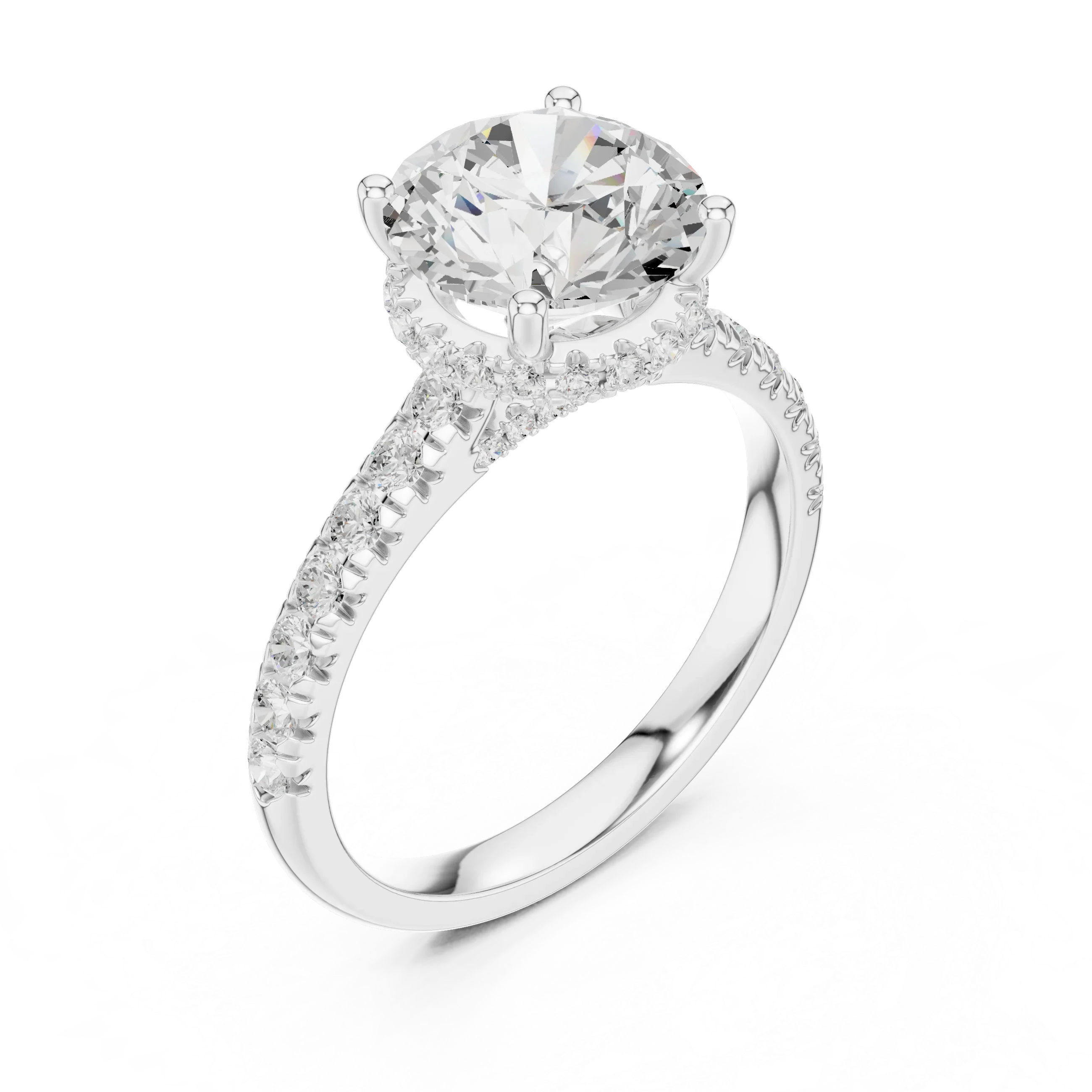 Round Cut Diamond Hidden Halo Engagement Ring with Pave Band