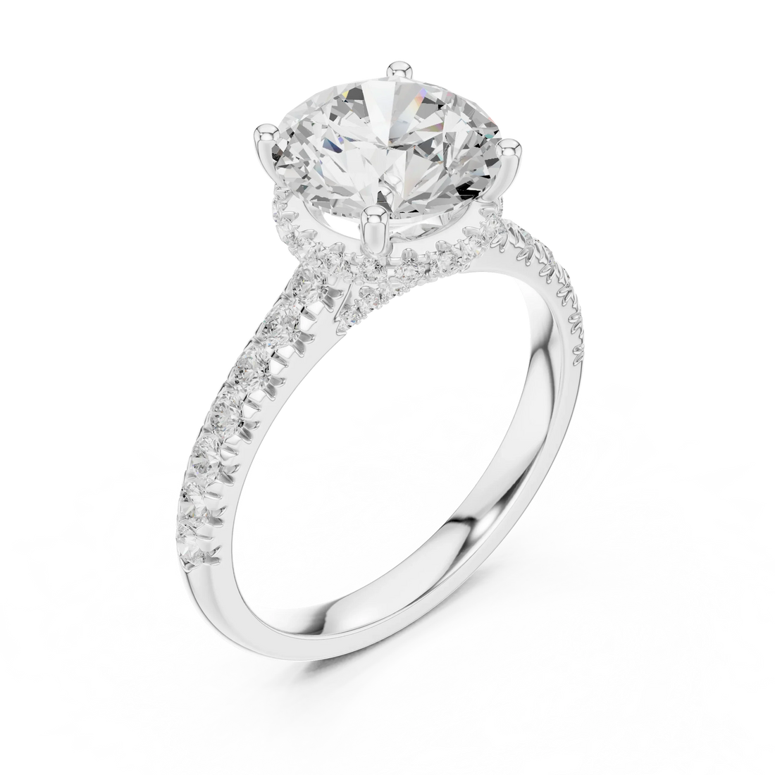 Round Cut Diamond Hidden Halo Engagement Ring with Pave Band
