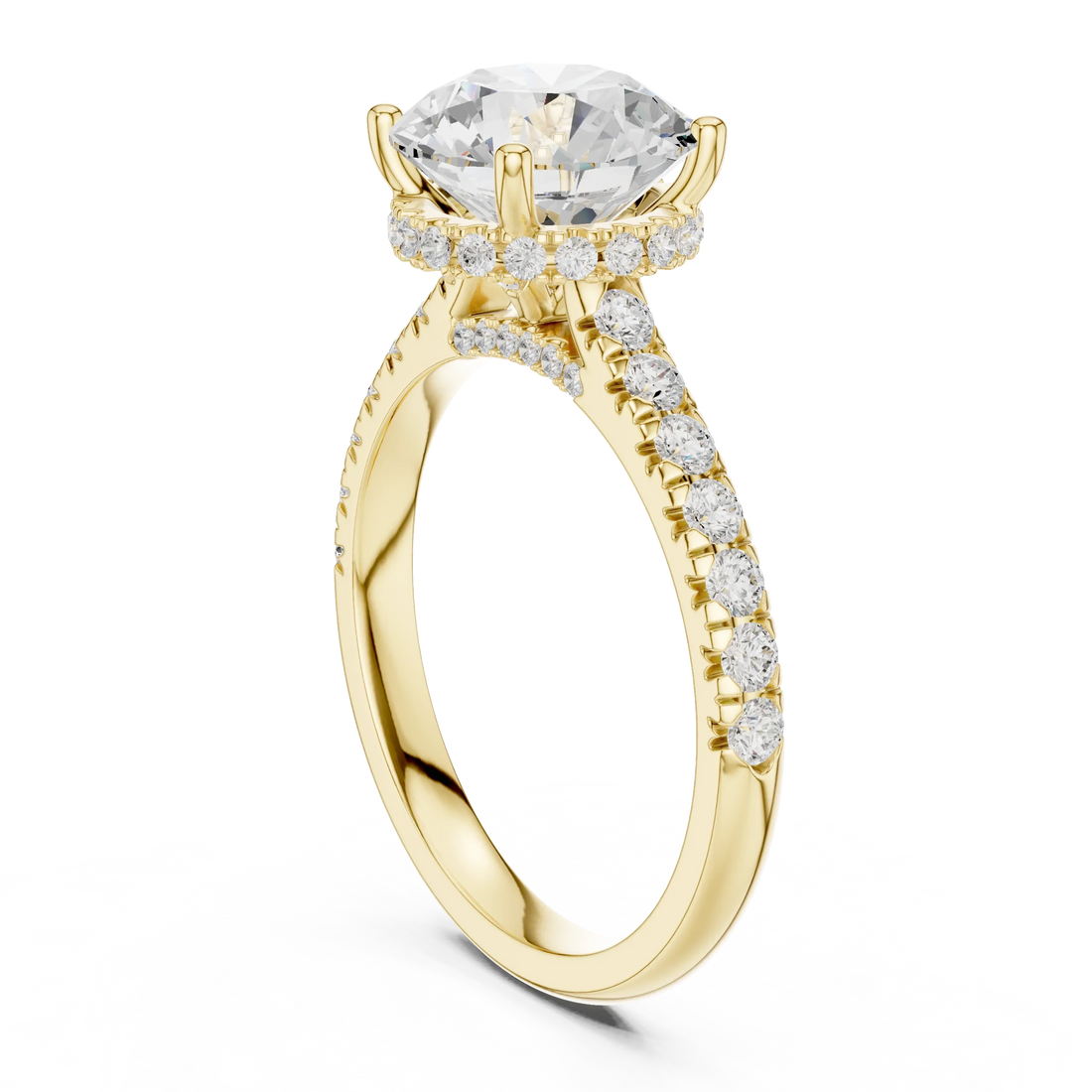 Round Cut Diamond Hidden Halo Engagement Ring with Pave Band