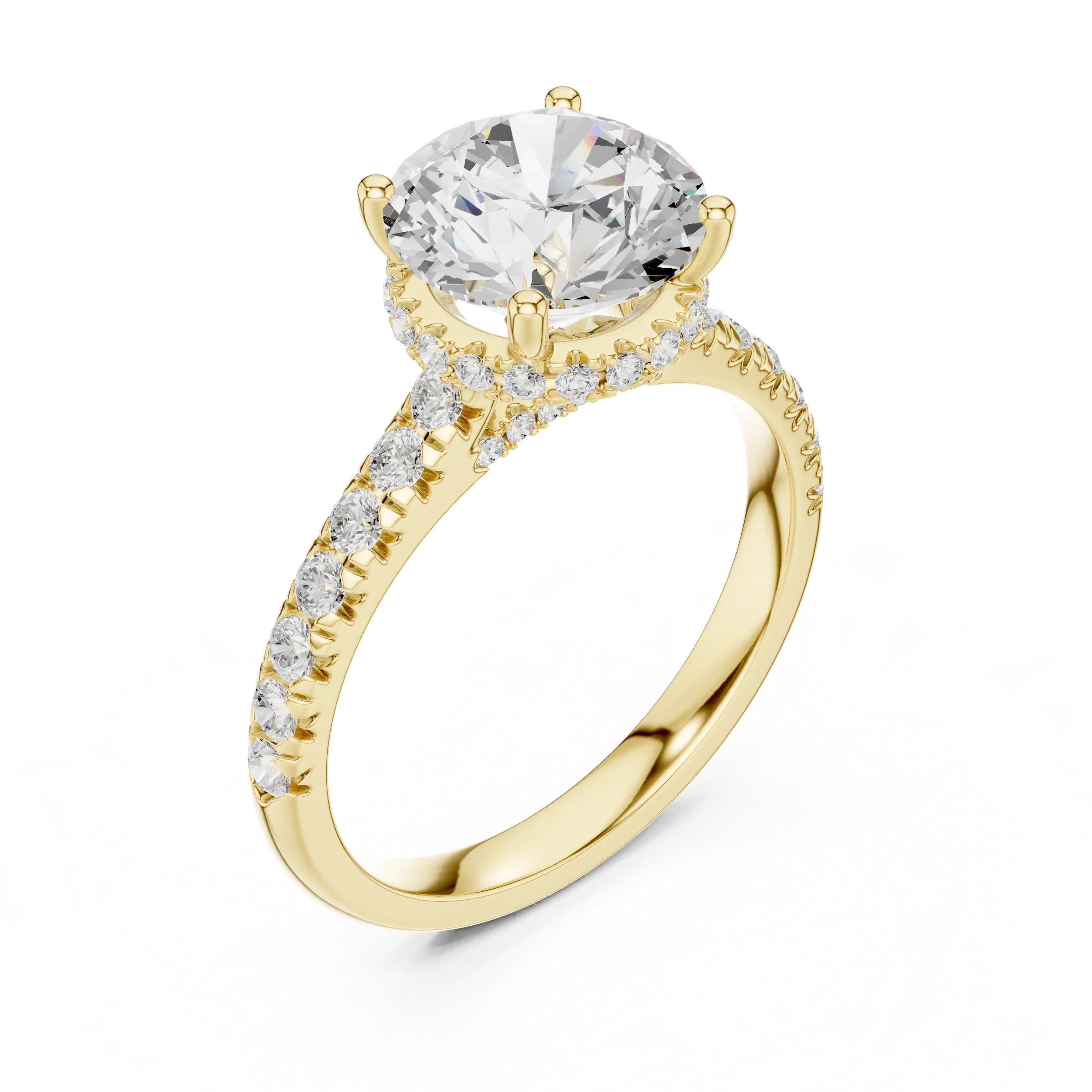 Round Cut Diamond Hidden Halo Engagement Ring with Pave Band