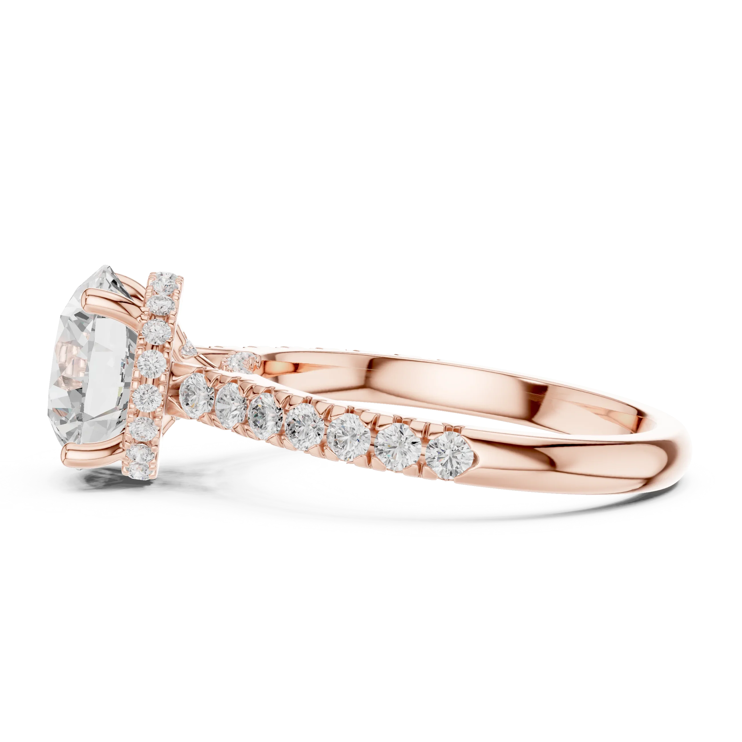 Round Cut Diamond Hidden Halo Engagement Ring with Pave Band