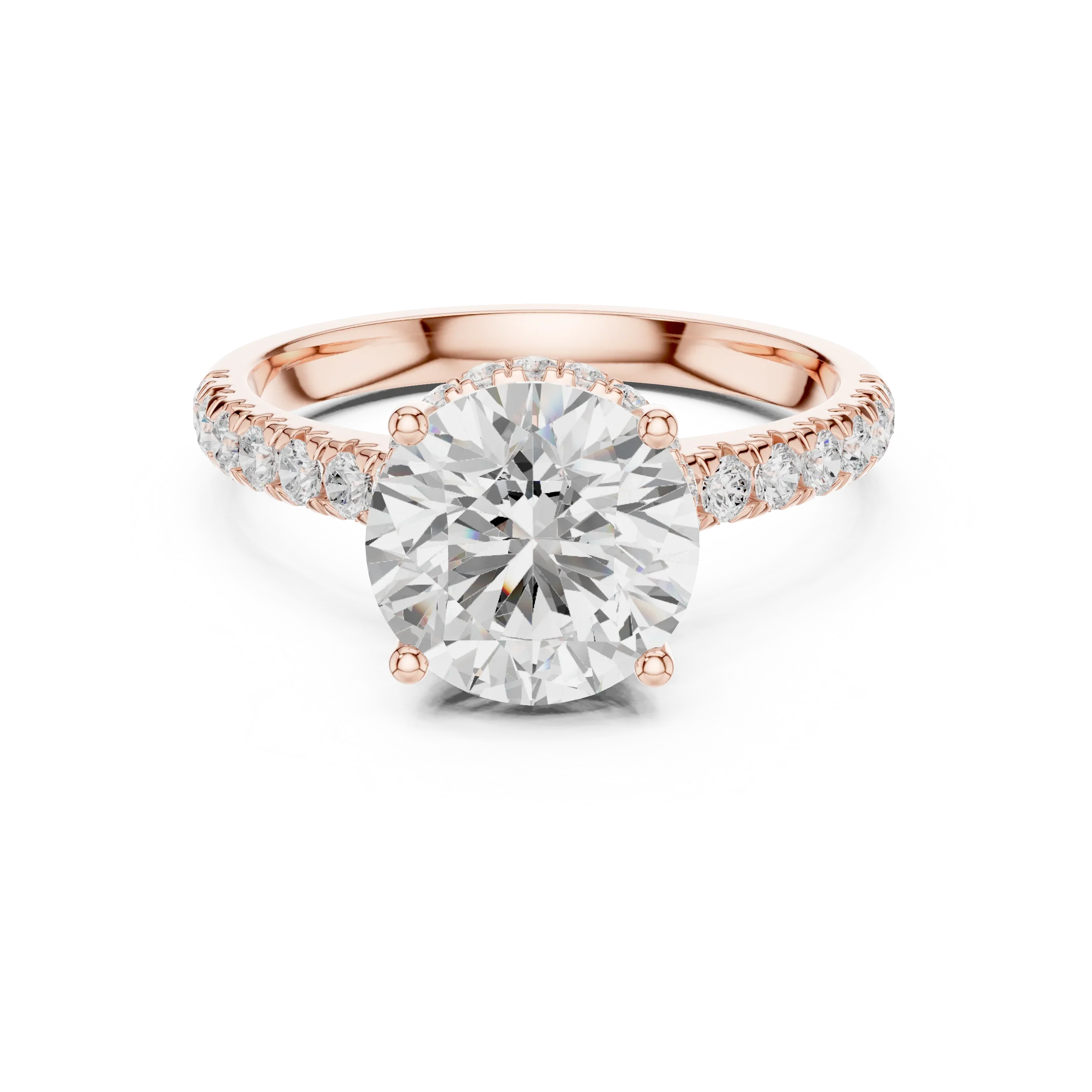Round Cut Diamond Hidden Halo Engagement Ring with Pave Band