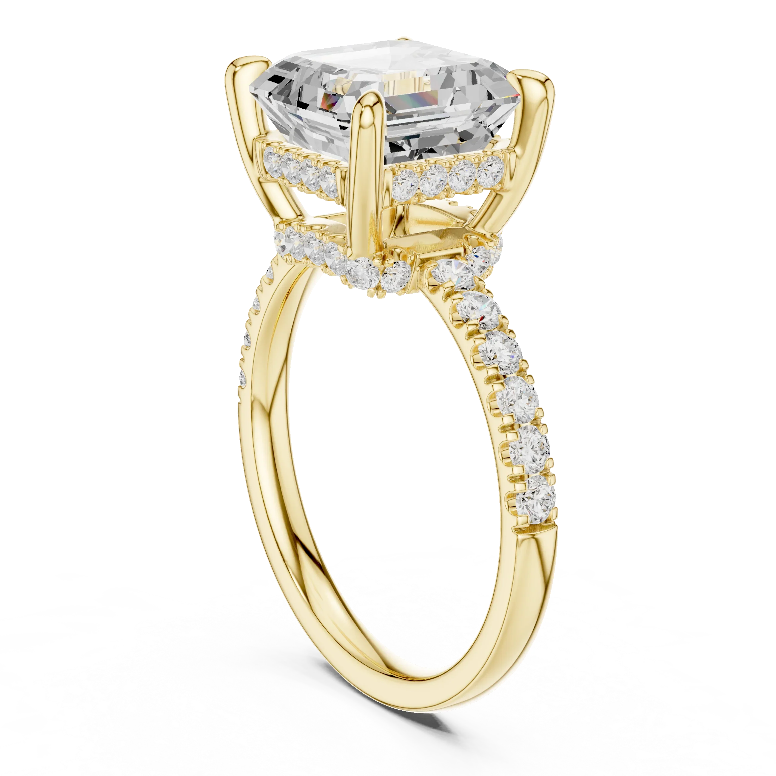 Asscher Diamond Hidden Halo Engagement Ring with Pave Band