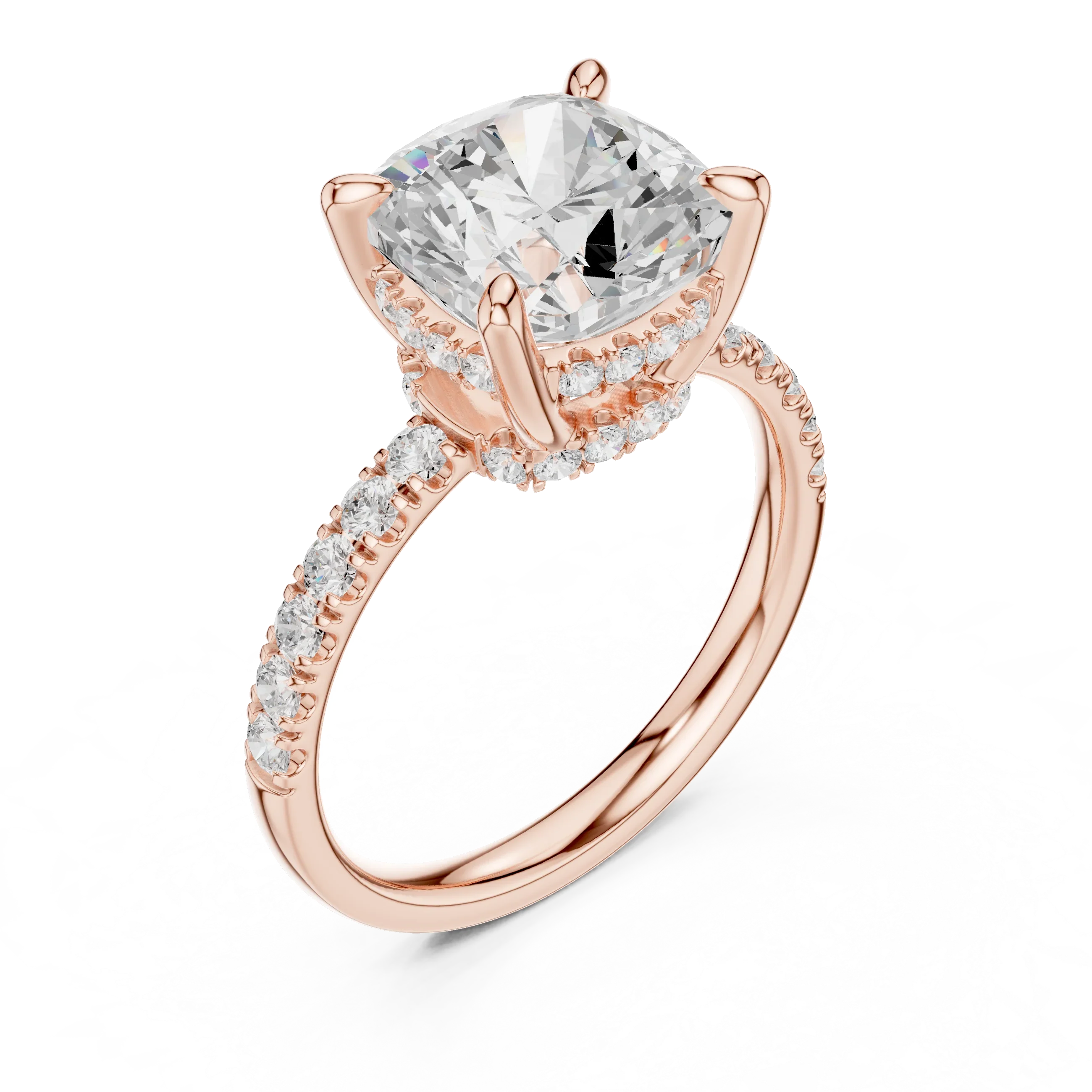Cushion Diamond Hidden Halo Engagement Ring with Pave Band