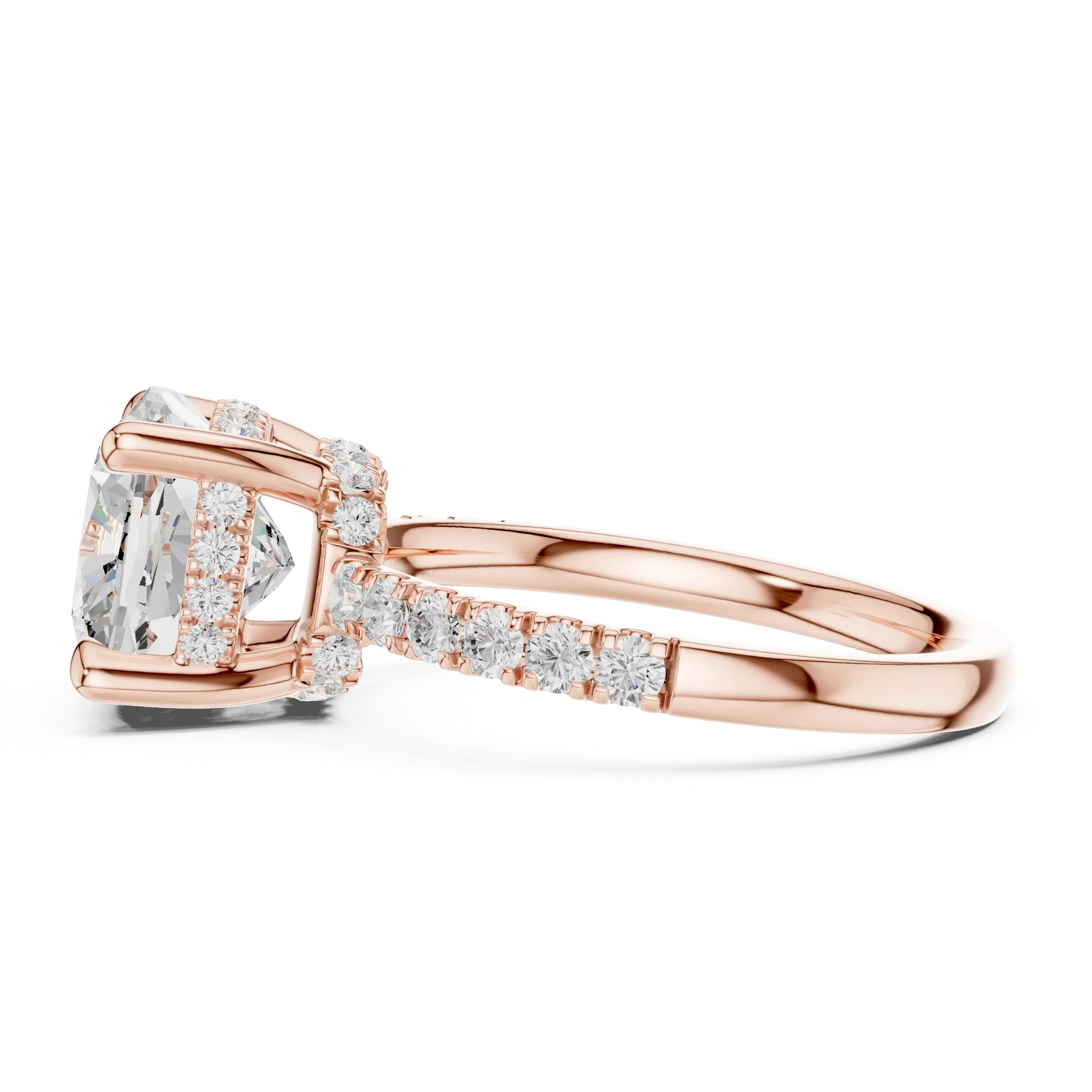 Cushion Diamond Hidden Halo Engagement Ring with Pave Band