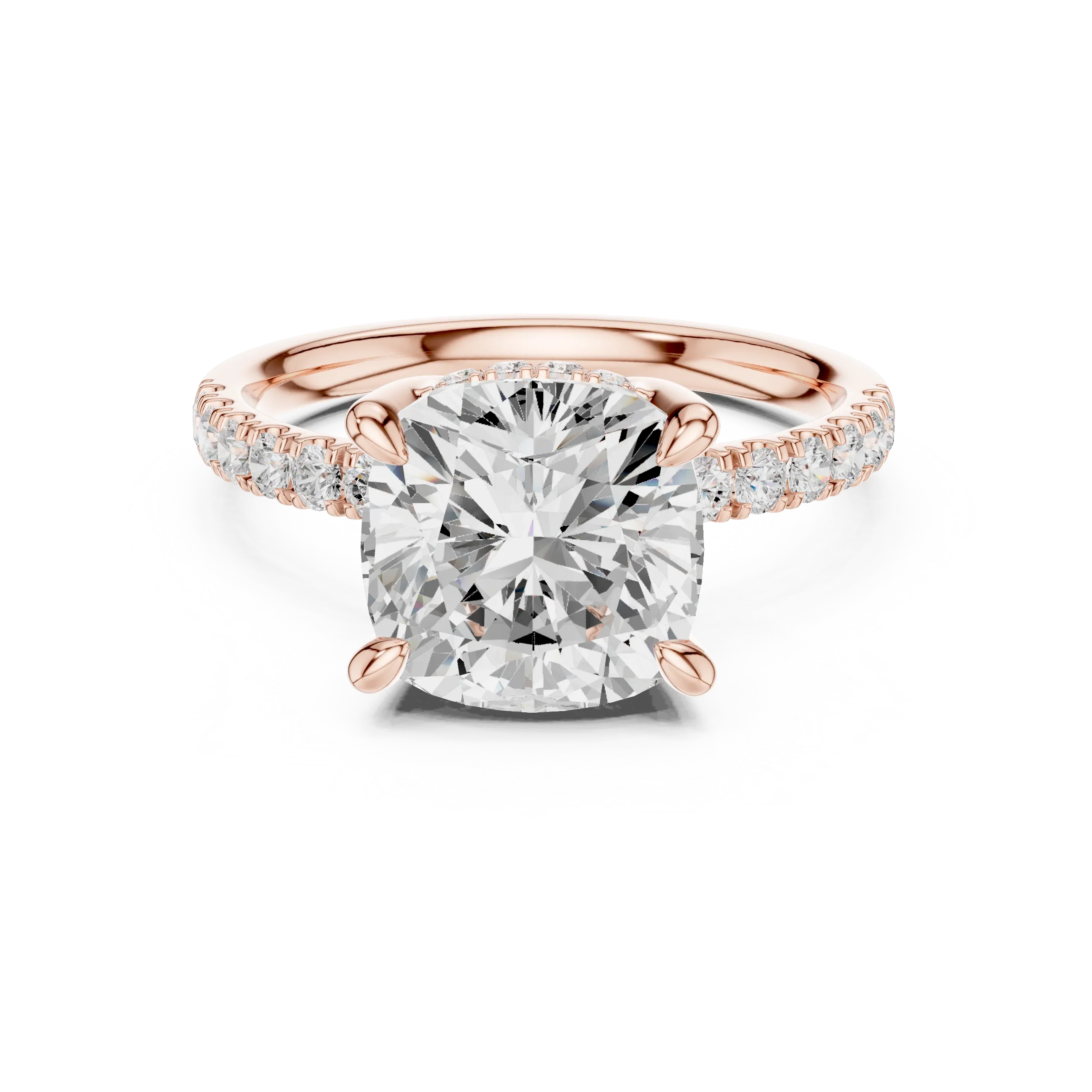 Cushion Diamond Hidden Halo Engagement Ring with Pave Band