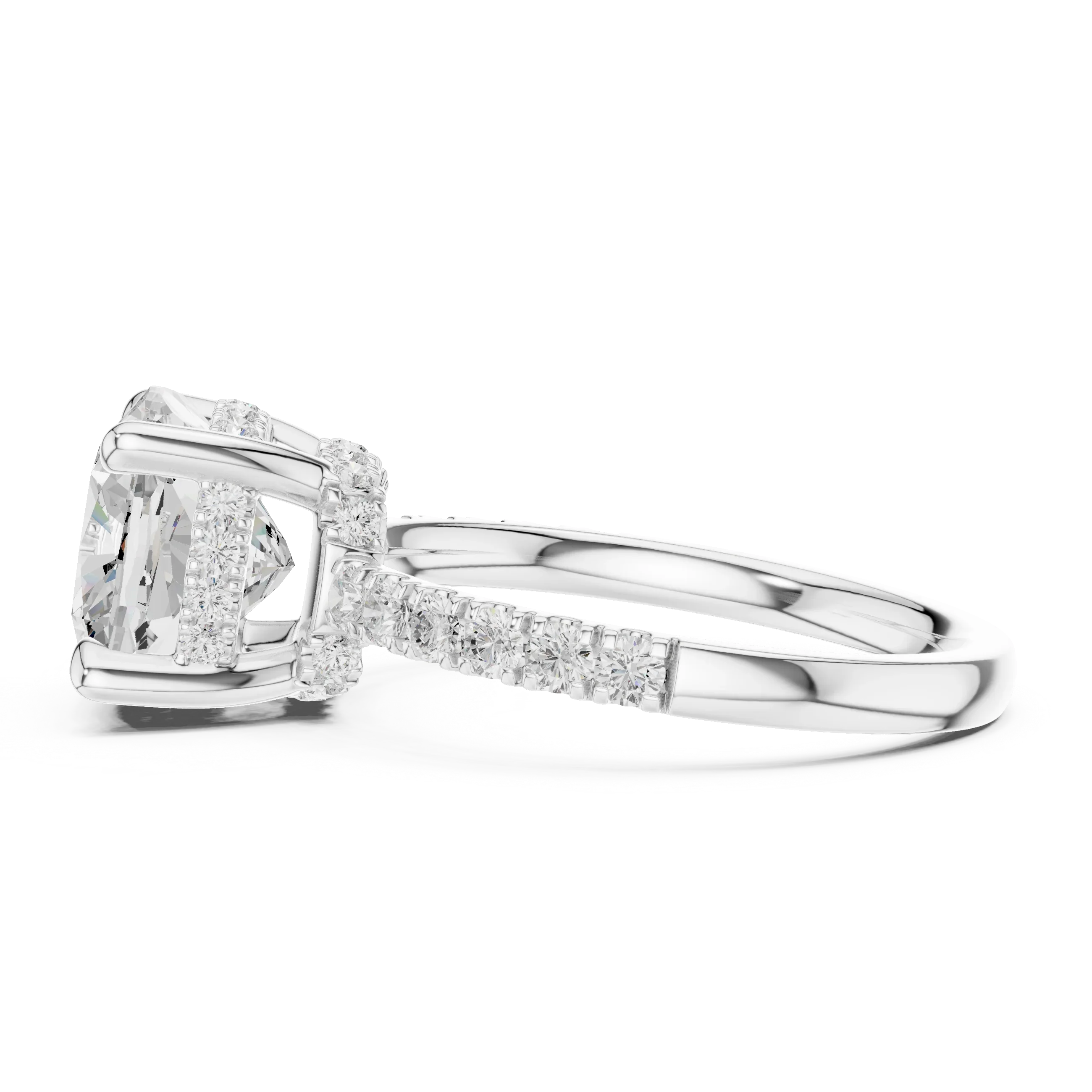 Cushion Diamond Hidden Halo Engagement Ring with Pave Band