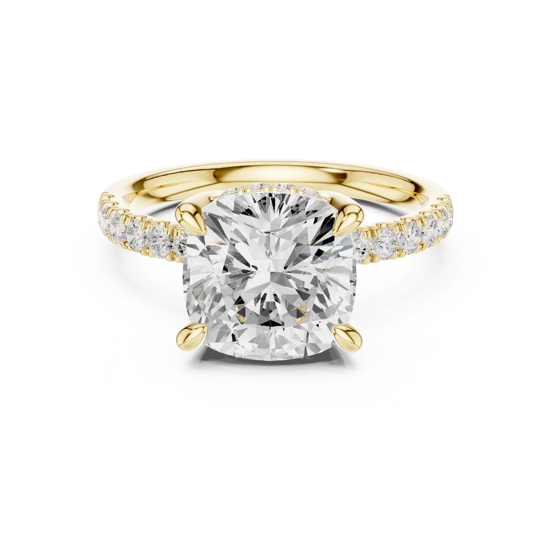Cushion Diamond Hidden Halo Engagement Ring with Pave Band