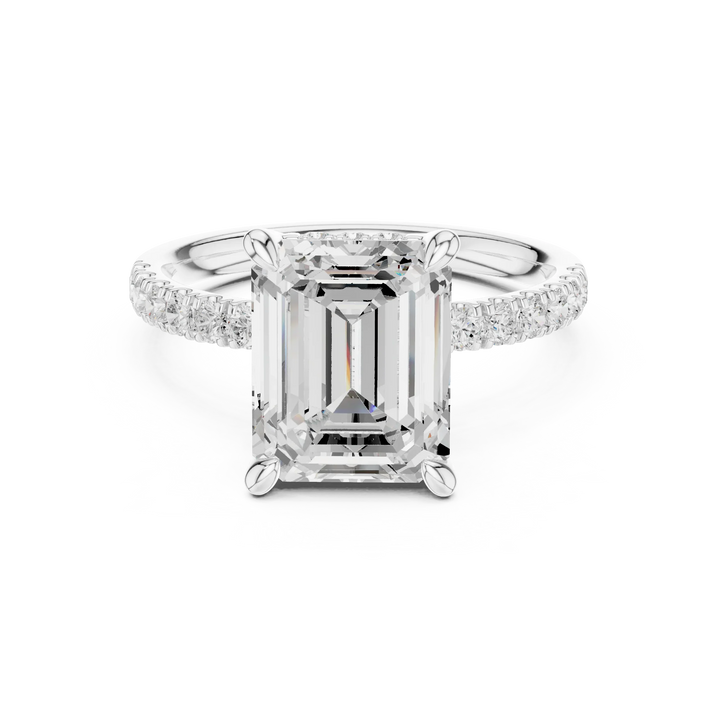 Emerald Diamond Hidden Halo Engagement Ring with Pave Band