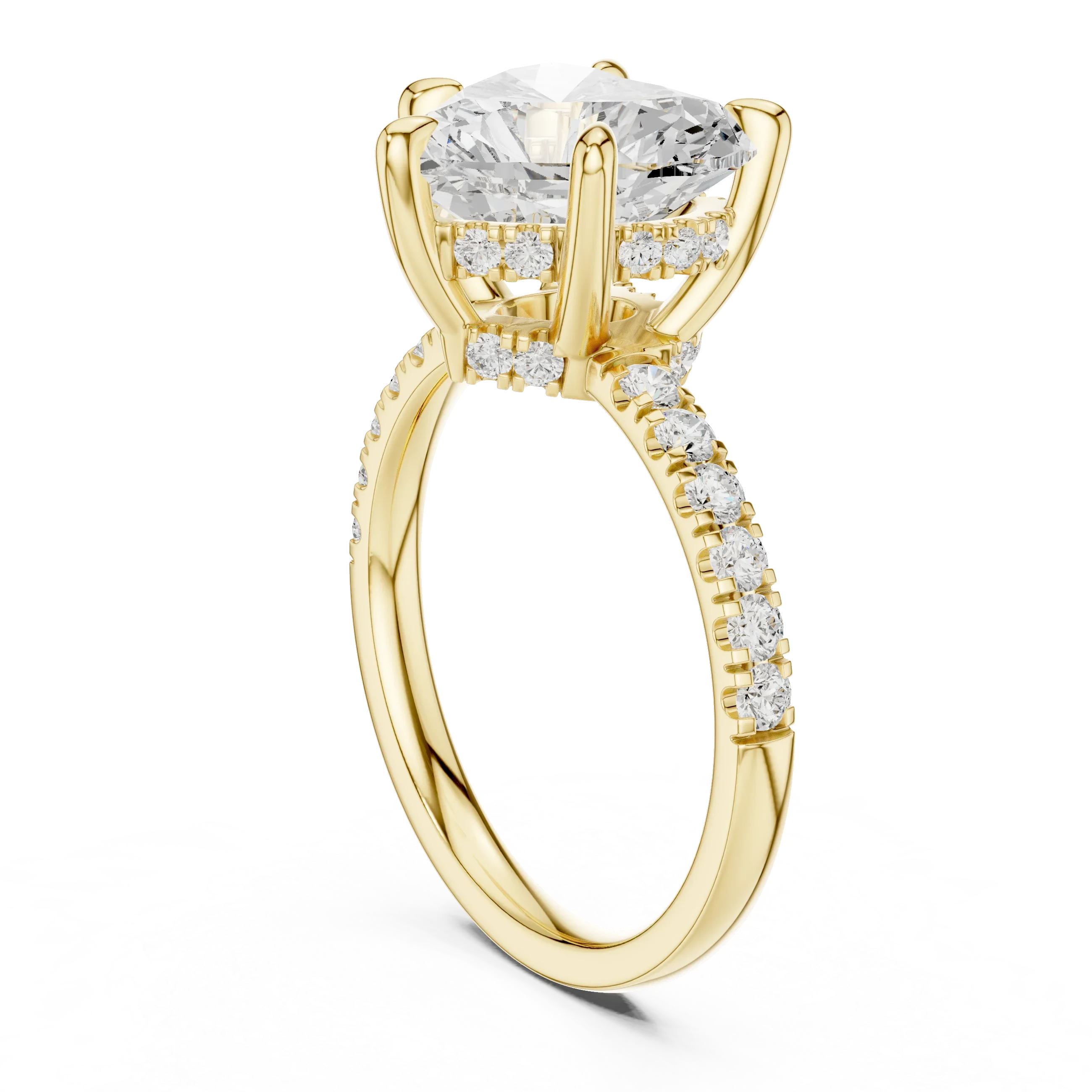 Heart Diamond Hidden Halo Engagement Ring with Pave Band