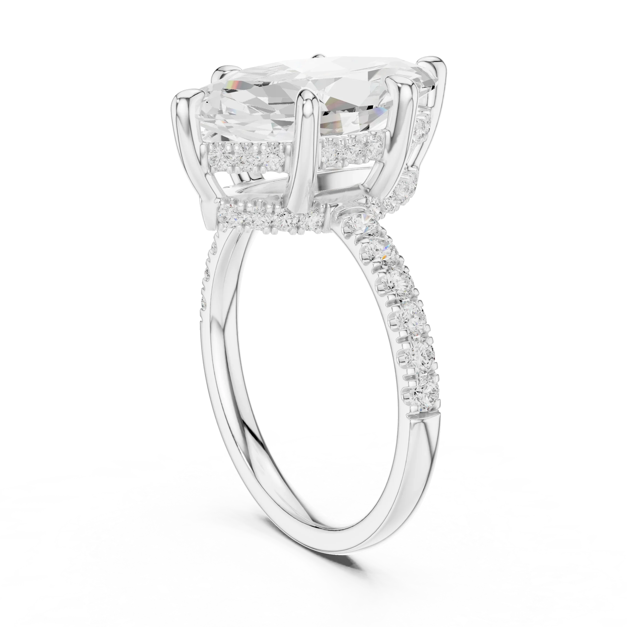 Marquise Diamond Hidden Halo Engagement Ring with Pave Band