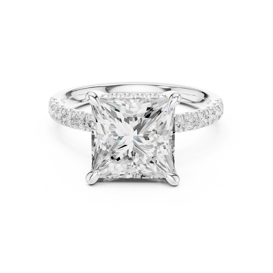 Princess Diamond Hidden Halo Engagement Ring with Pave Band