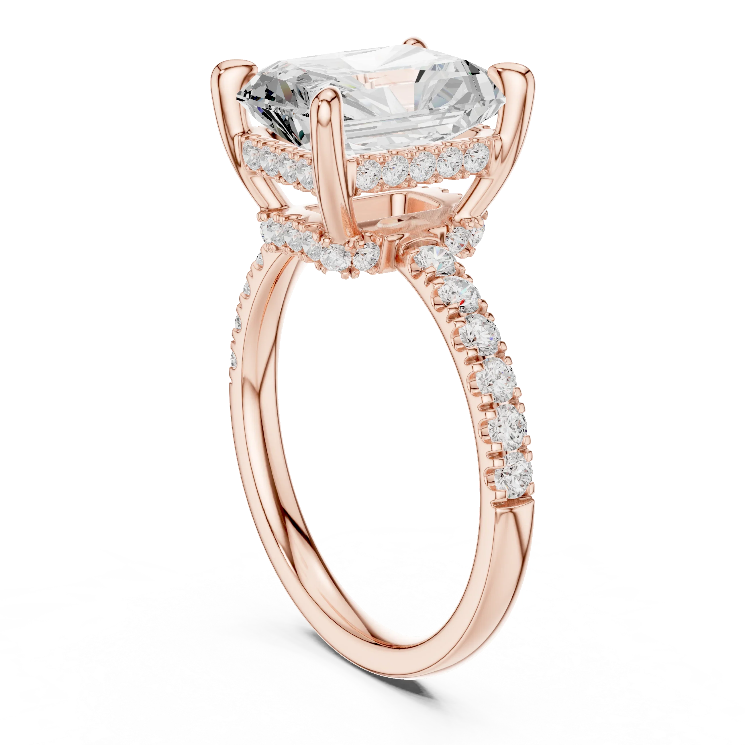 Radiant Diamond Hidden Halo Engagement Ring with Pave Band