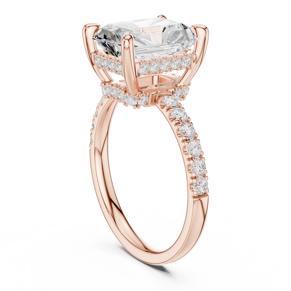 Radiant Diamond Hidden Halo Engagement Ring with Pave Band