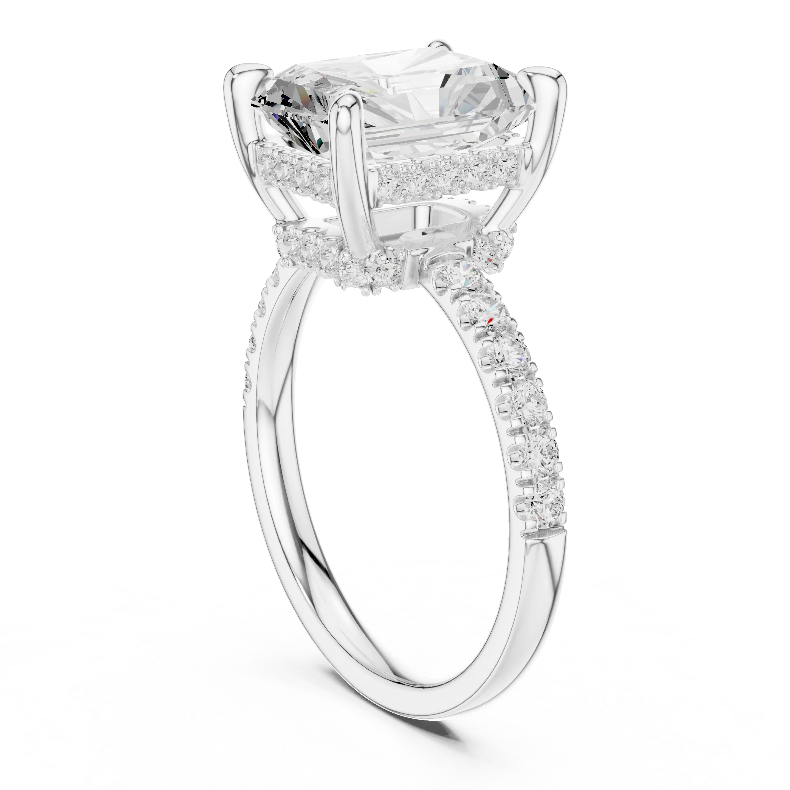 Radiant Diamond Hidden Halo Engagement Ring with Pave Band