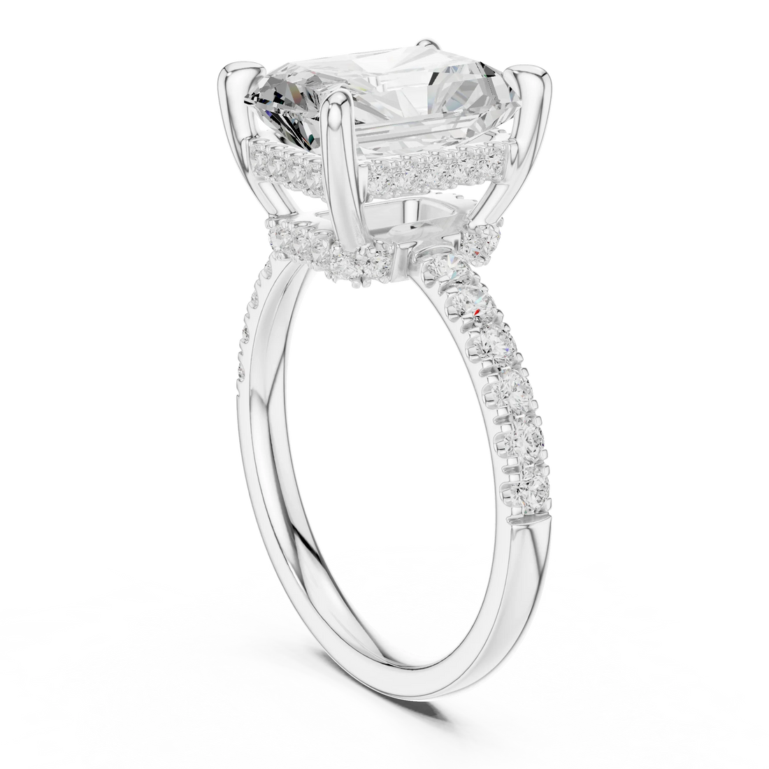 Radiant Diamond Hidden Halo Engagement Ring with Pave Band