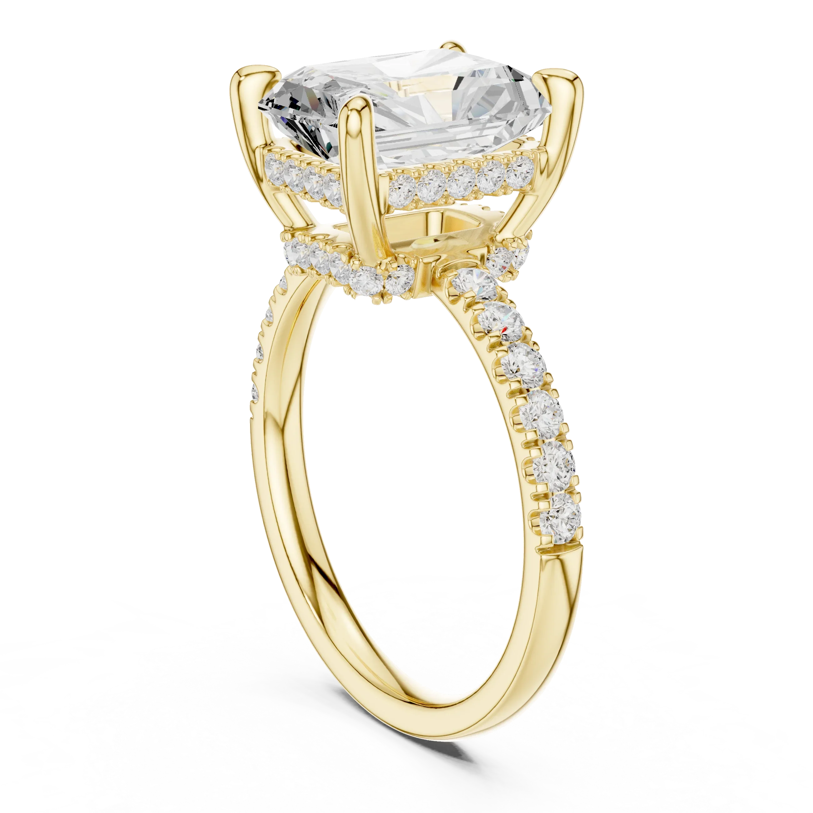 Radiant Diamond Hidden Halo Engagement Ring with Pave Band