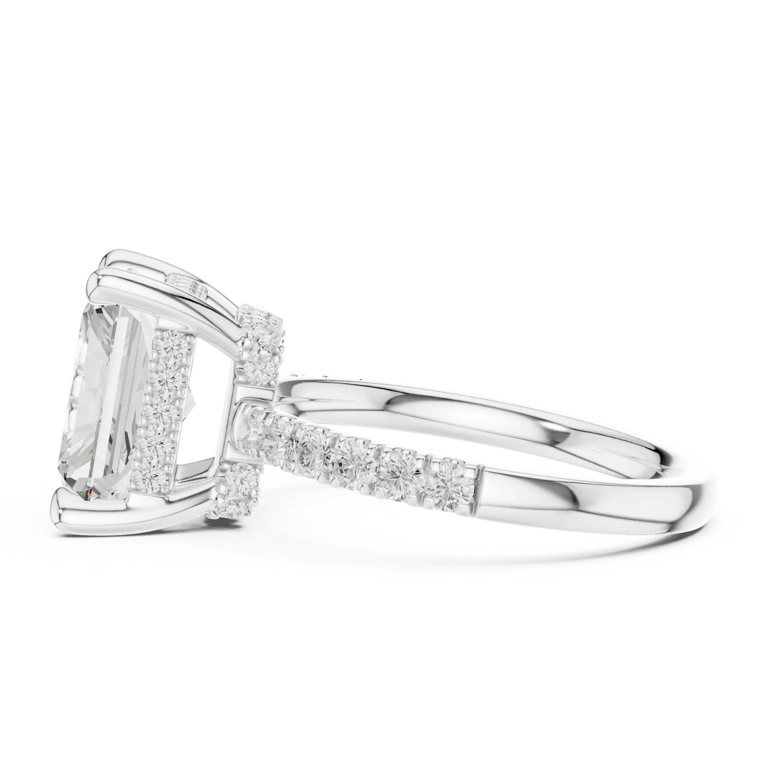 Radiant Diamond Hidden Halo Engagement Ring with Pave Band