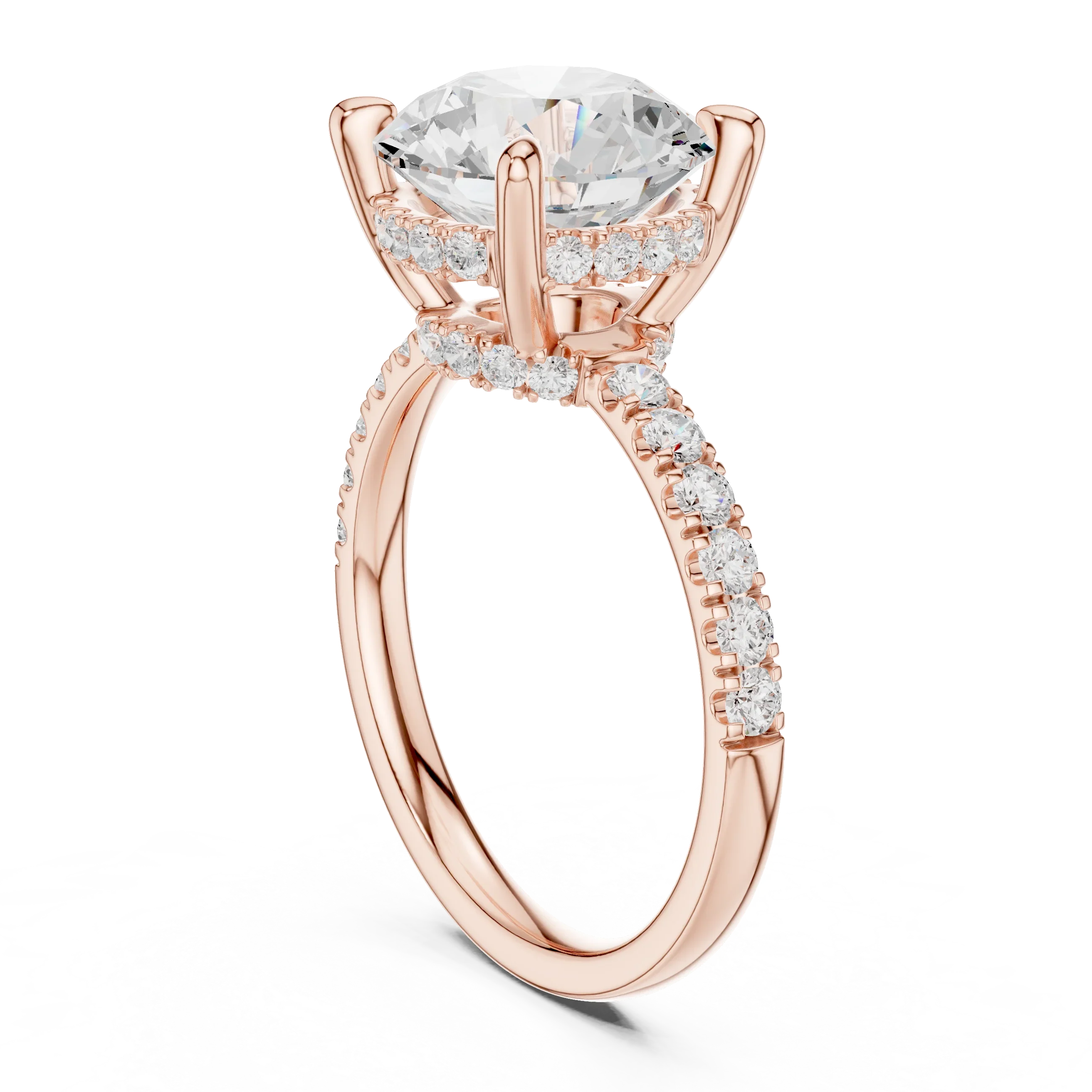 Round Diamond Hidden Halo Engagement Ring with Pave Band
