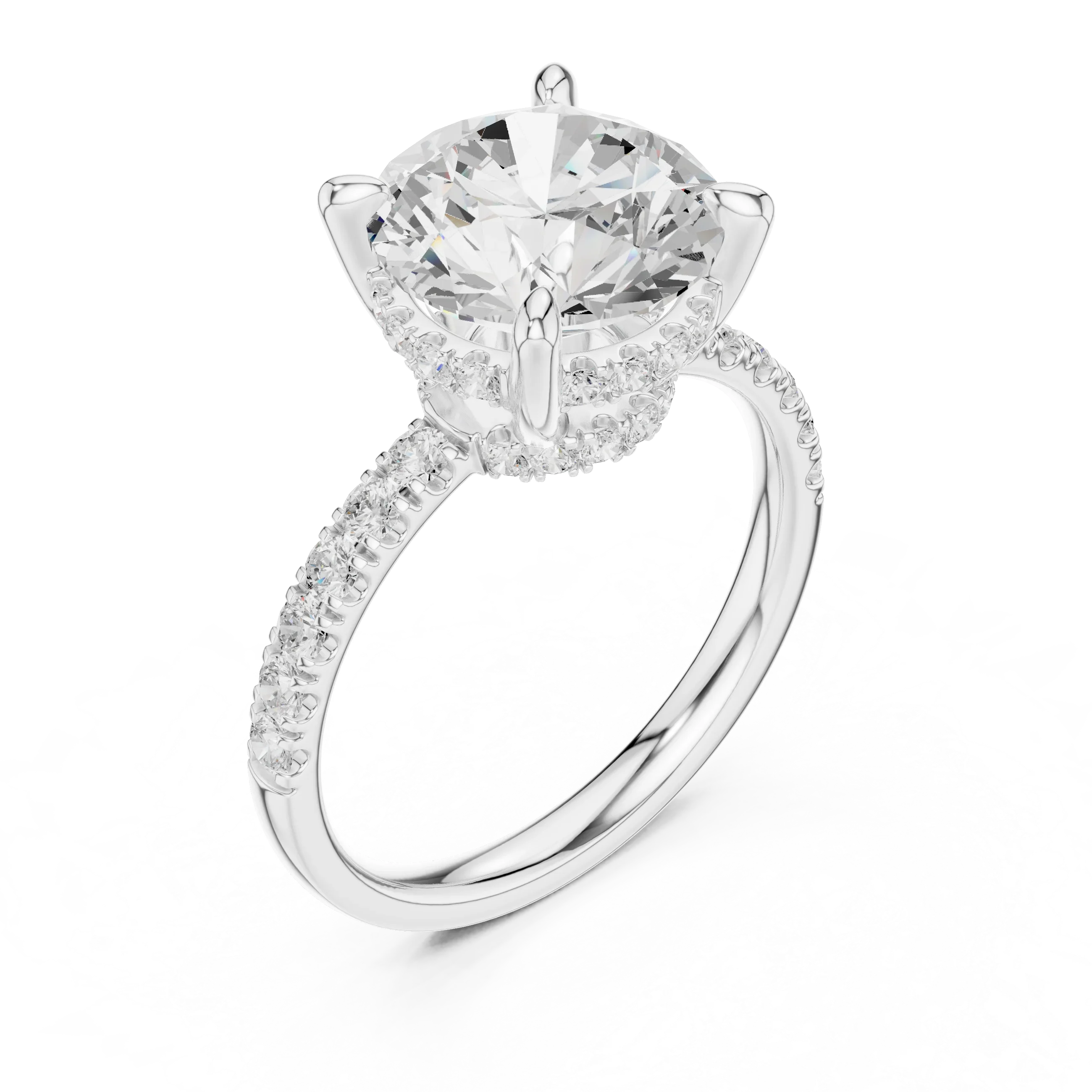 Round Diamond Hidden Halo Engagement Ring with Pave Band