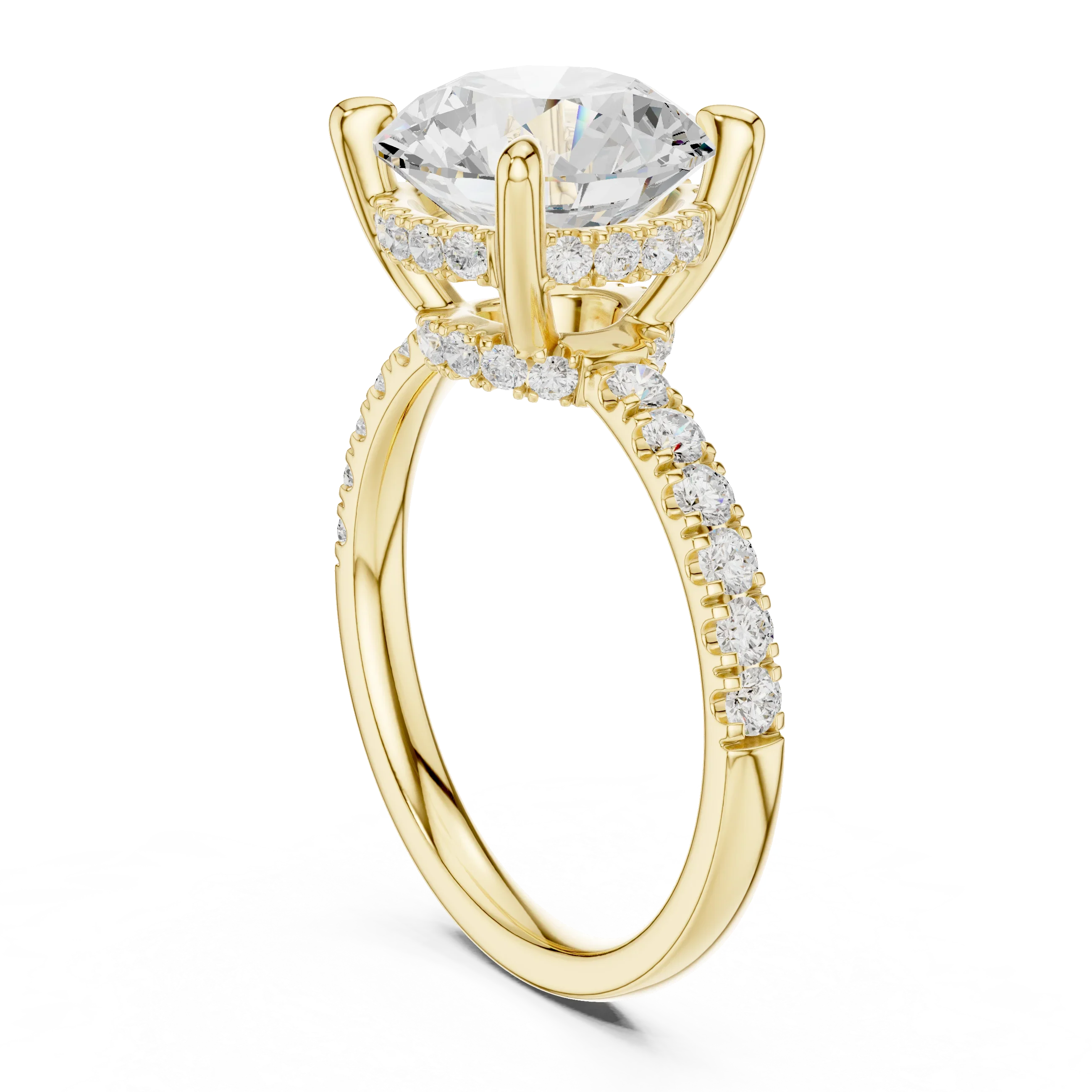 Round Diamond Hidden Halo Engagement Ring with Pave Band