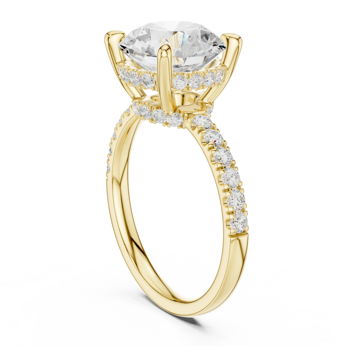 Round Diamond Hidden Halo Engagement Ring with Pave Band