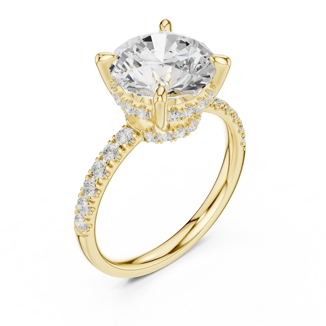 Round Diamond Hidden Halo Engagement Ring with Pave Band