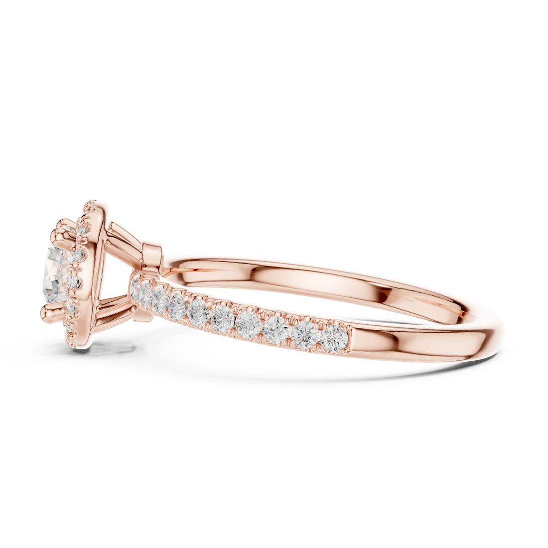 Round Cut Diamond Halo Engagement Ring with Diamond Band