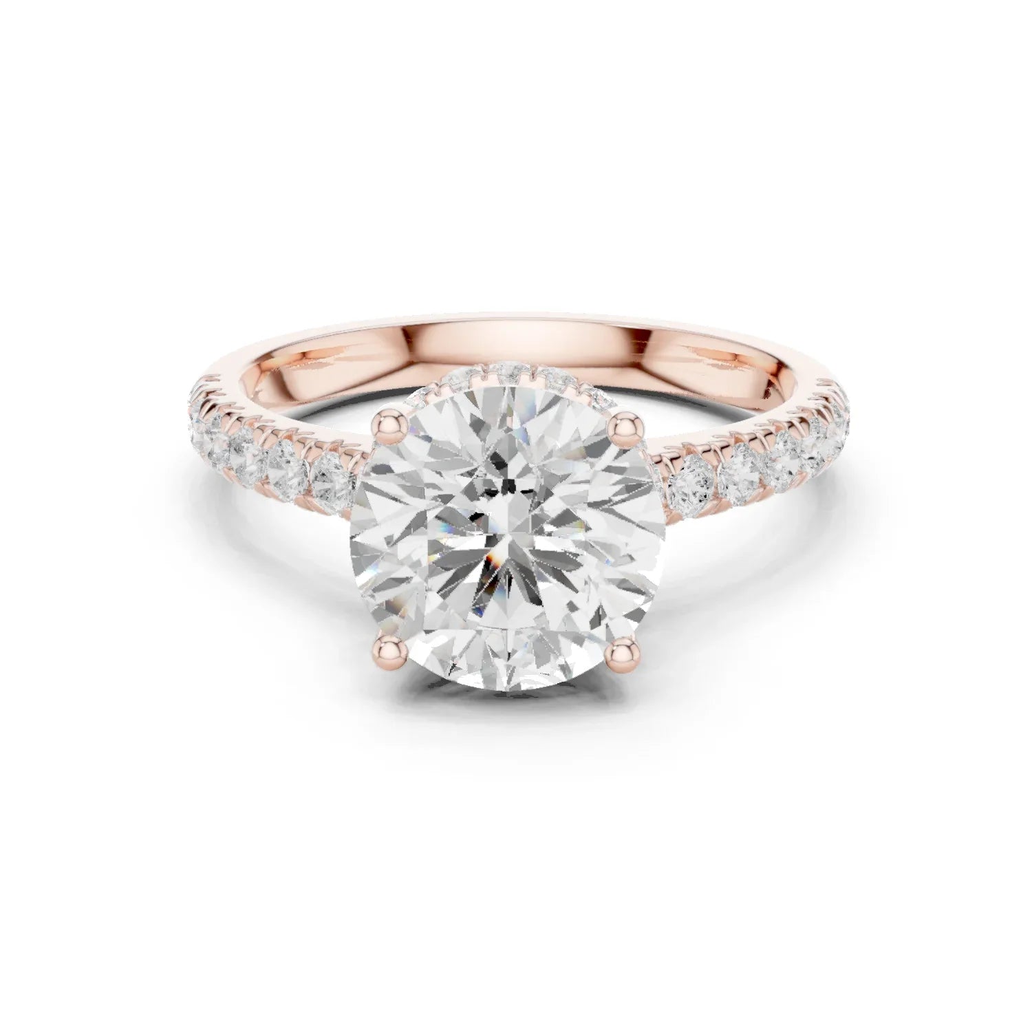 Round Cut Diamond Hidden Halo Engagement Ring with Pave Band