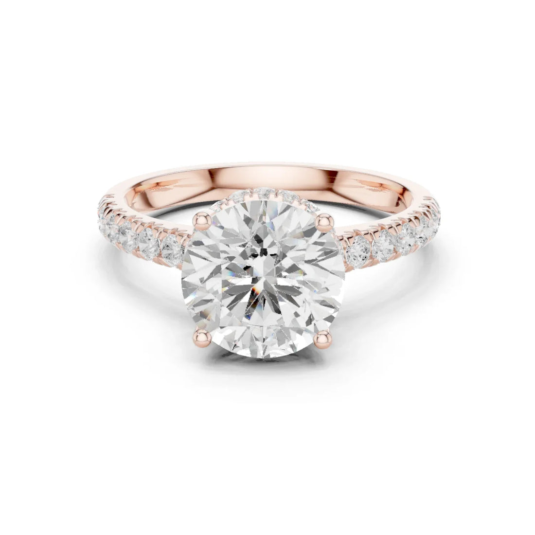 Round Cut Diamond Hidden Halo Engagement Ring with Pave Band