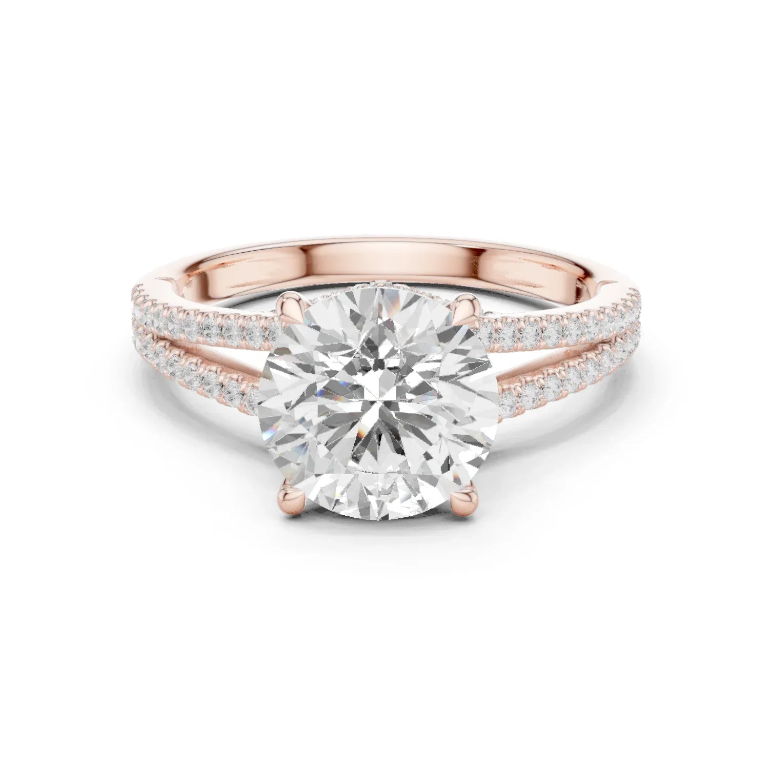 Round Cut Diamond Split Shank Engagement Ring with Pave Accents