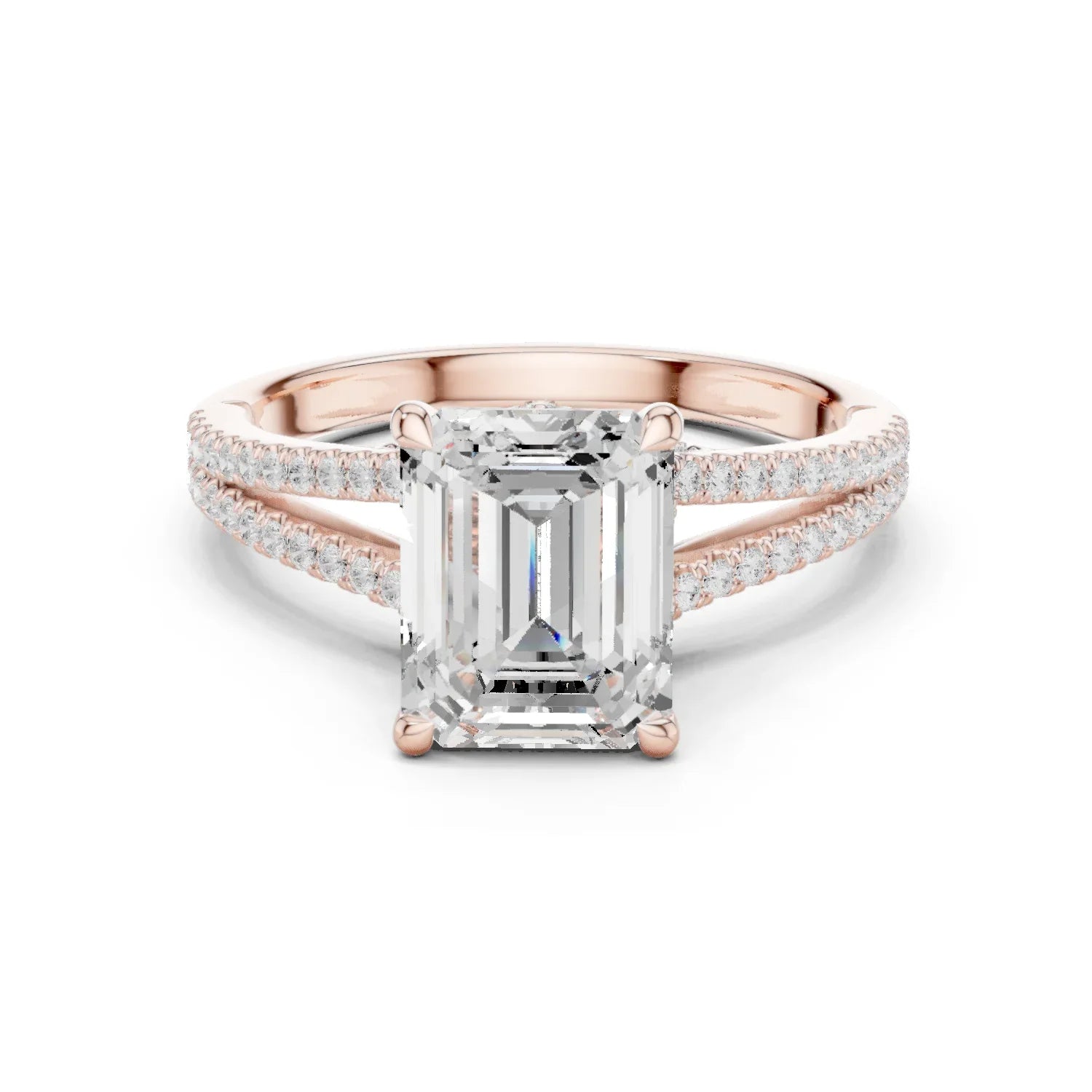 Emerald Cut Diamond Split Shank Engagement Ring with Pave Accents