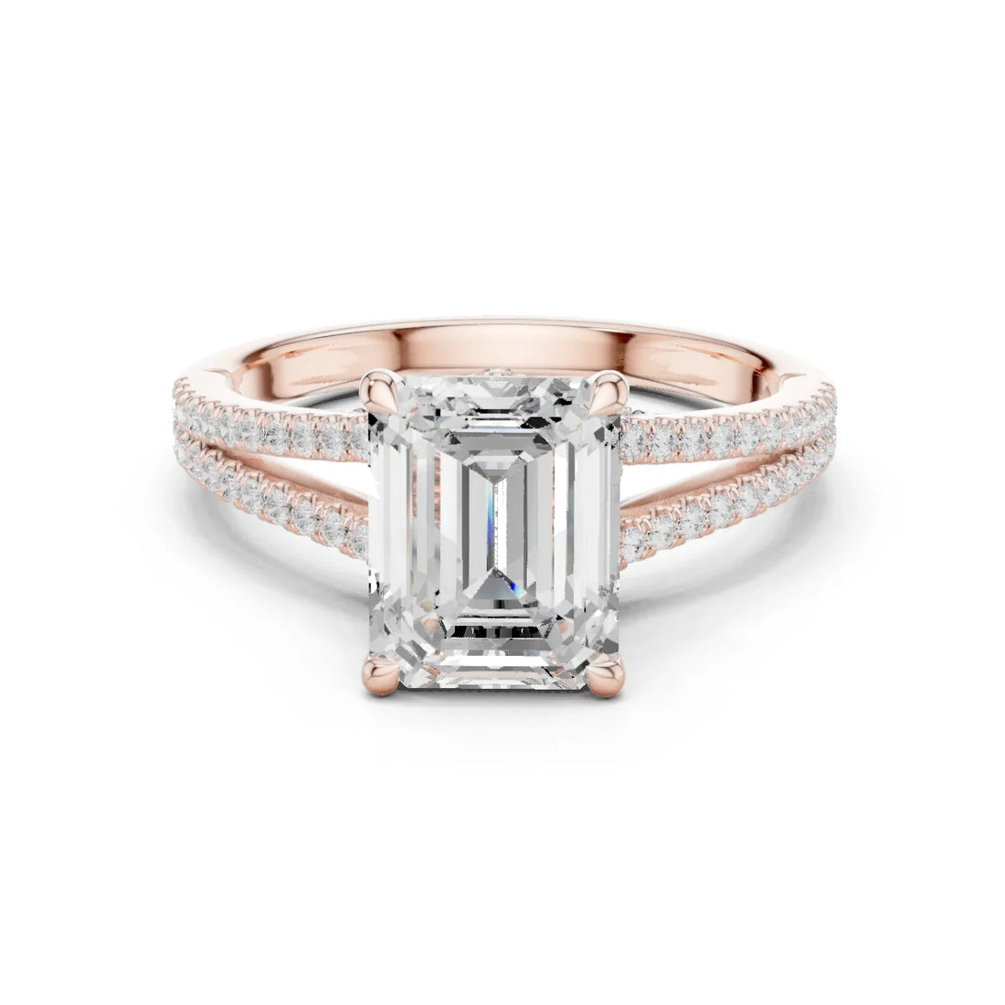 Emerald Cut Diamond Split Shank Engagement Ring with Pave Accents