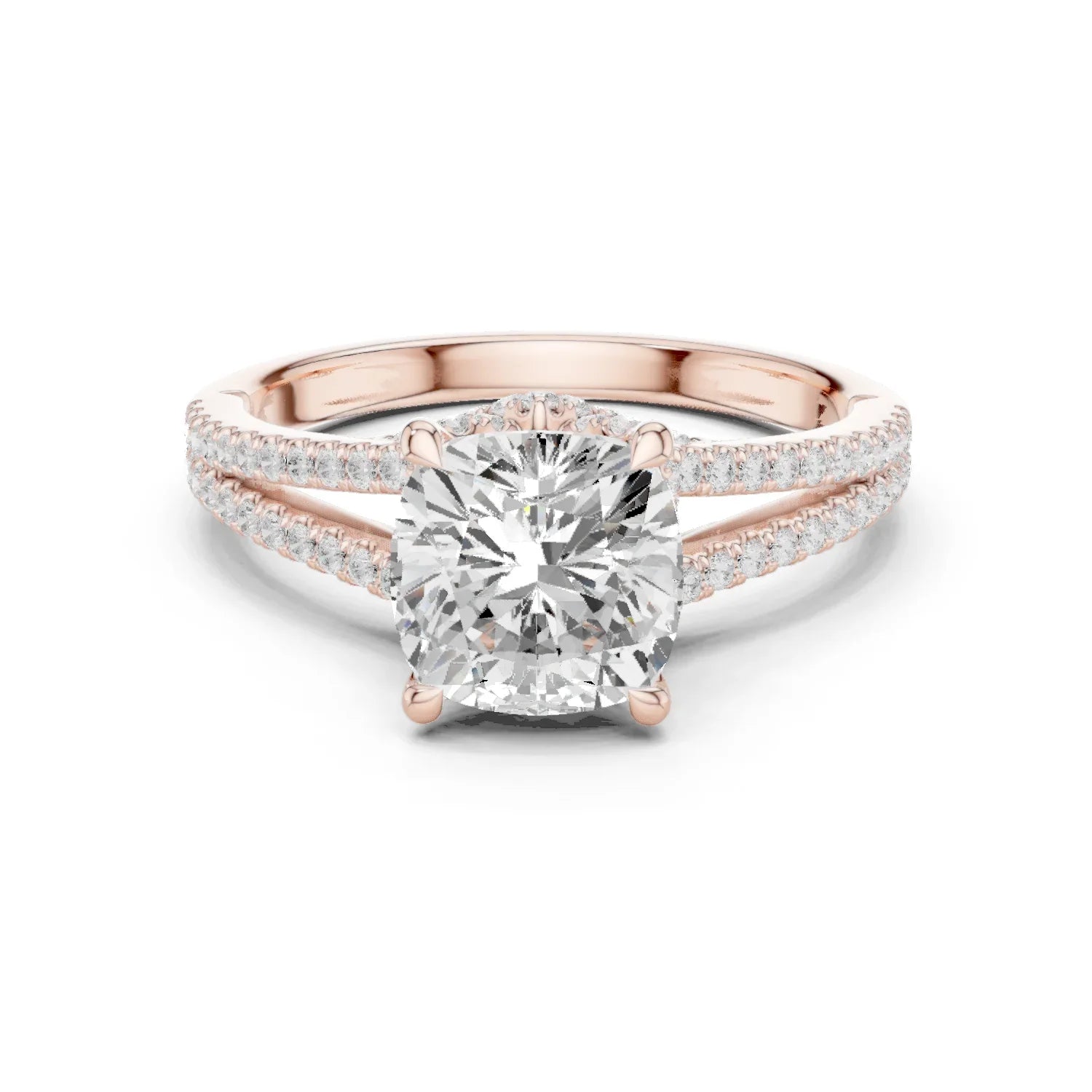 Cushion Cut Diamond Split Shank Engagement Ring with Pave Accents