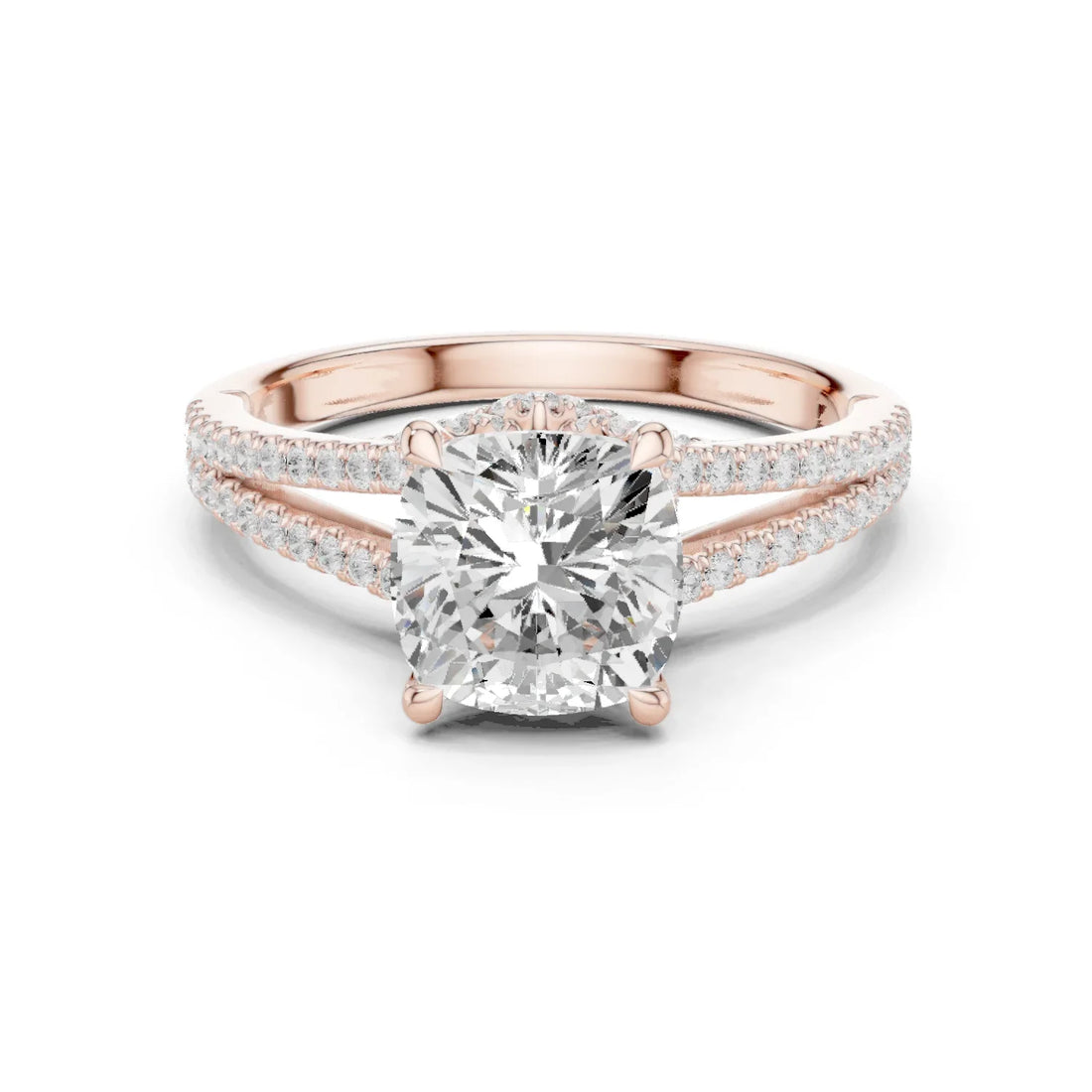 Cushion Cut Diamond Split Shank Engagement Ring with Pave Accents