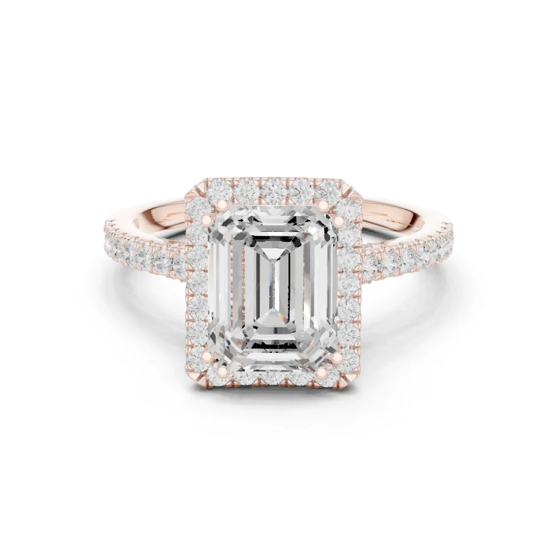 Emerald Cut Diamond Halo Engagement Ring with Pave Band