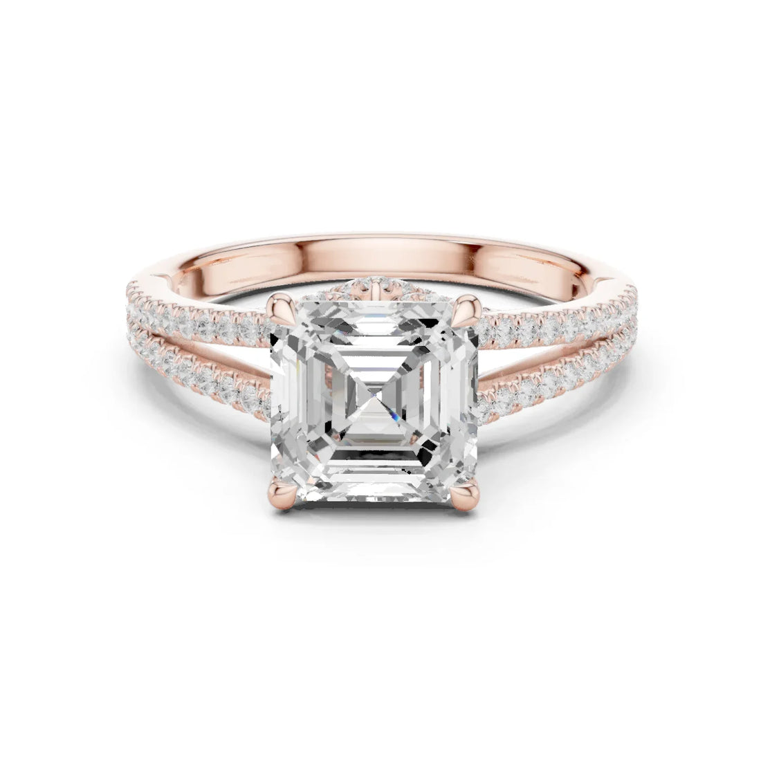 Asscher Cut Diamond Split Shank Engagement Ring with Pave Accents