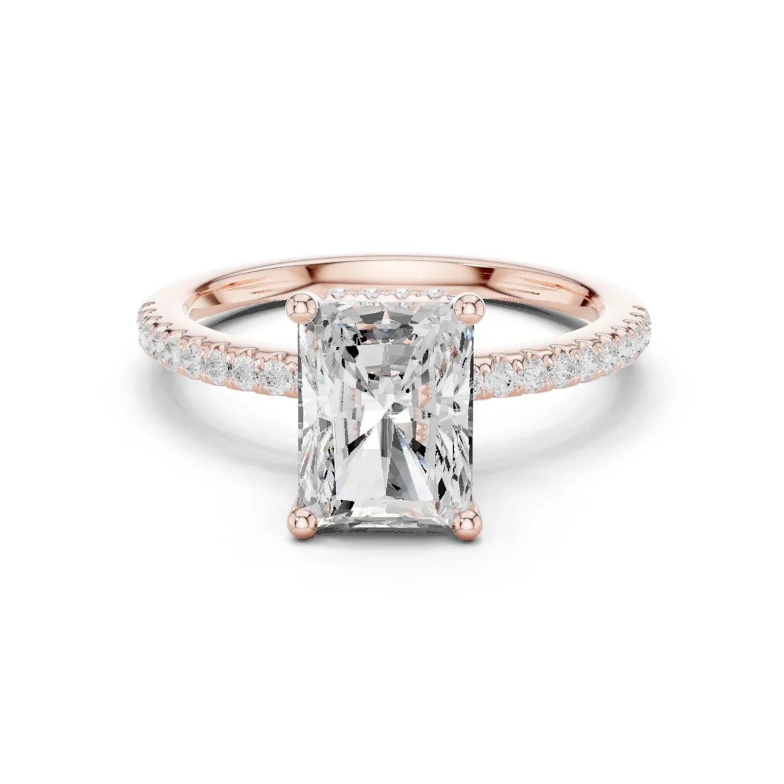 Hidden Halo Radiant Cut Diamond Engagement Ring With Pave Band
