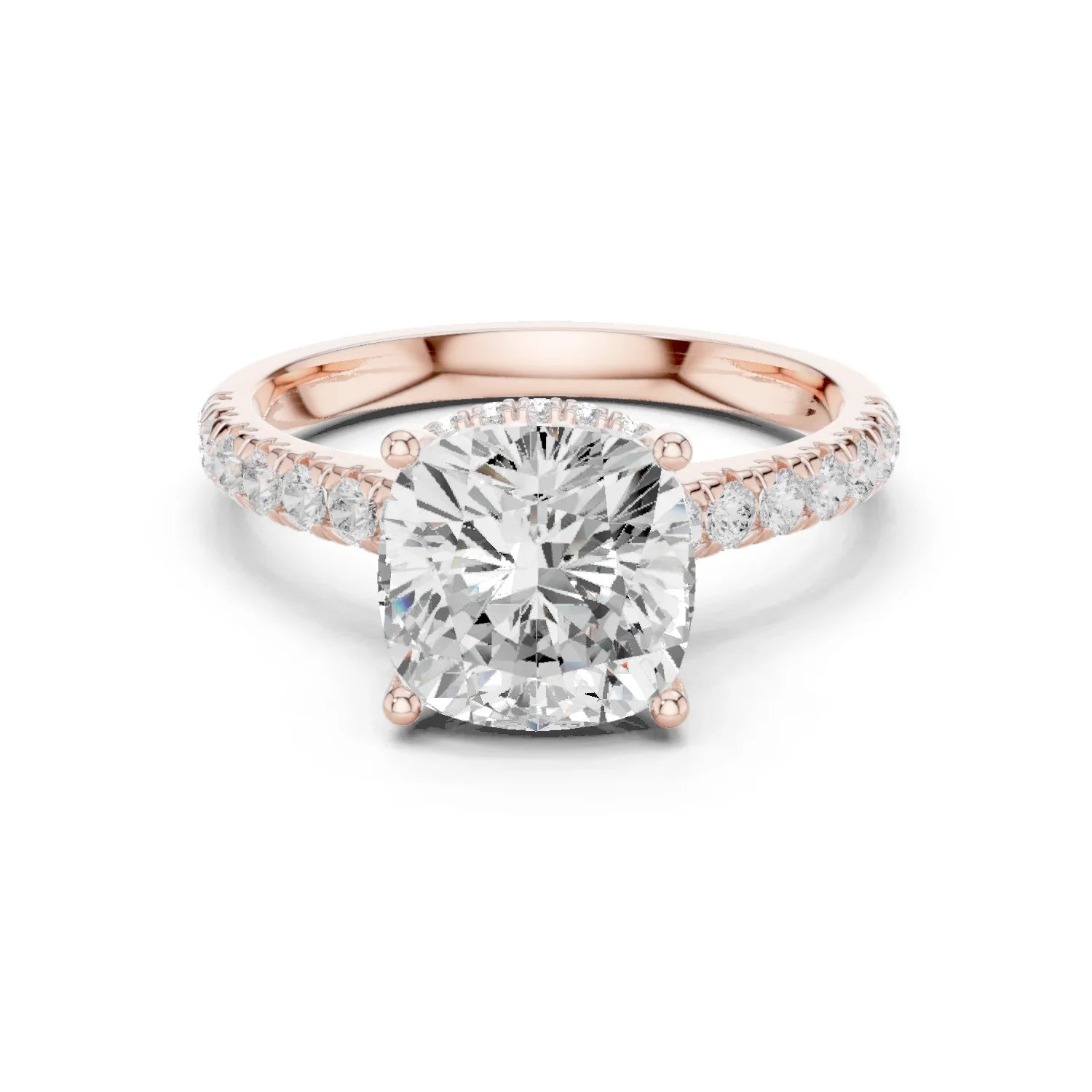 Cushion Cut Diamond Hidden Halo Engagement Ring with Pave Band