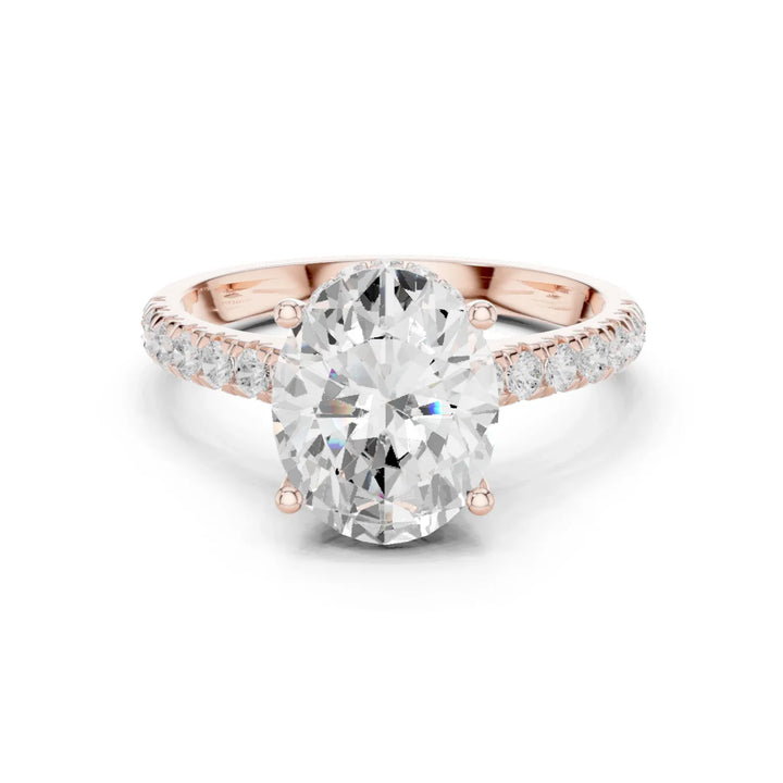 Oval Cut Diamond Hidden Halo Engagement Ring with Pave Band