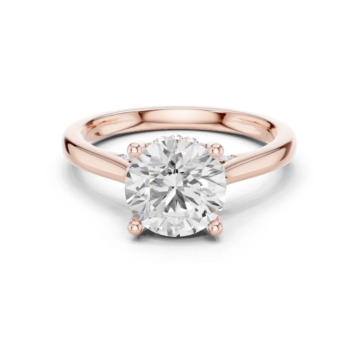 Round Cut Diamond Hidden Halo Engagement Ring With Cathedral Pave
