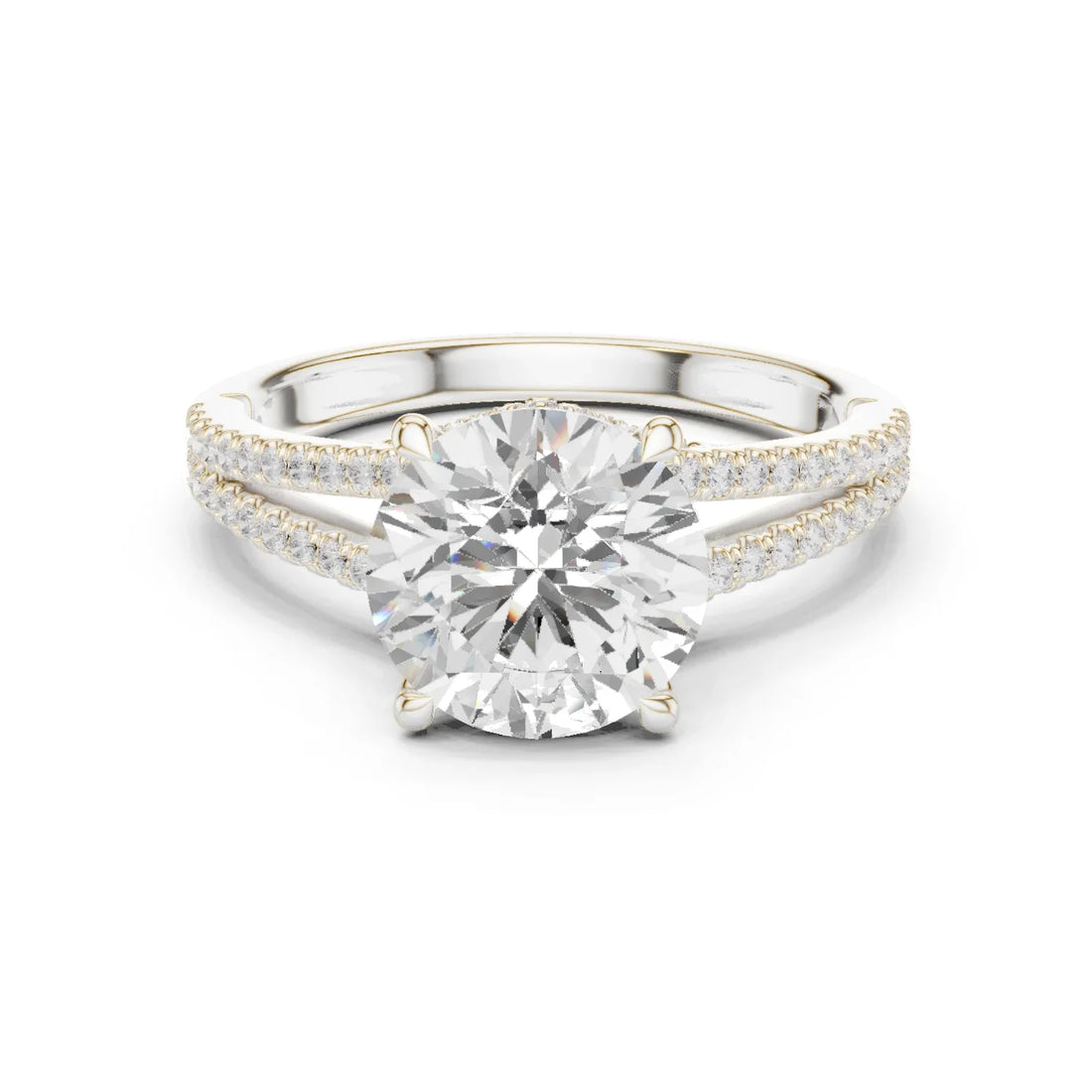 Round Cut Diamond Split Shank Engagement Ring with Pave Accents