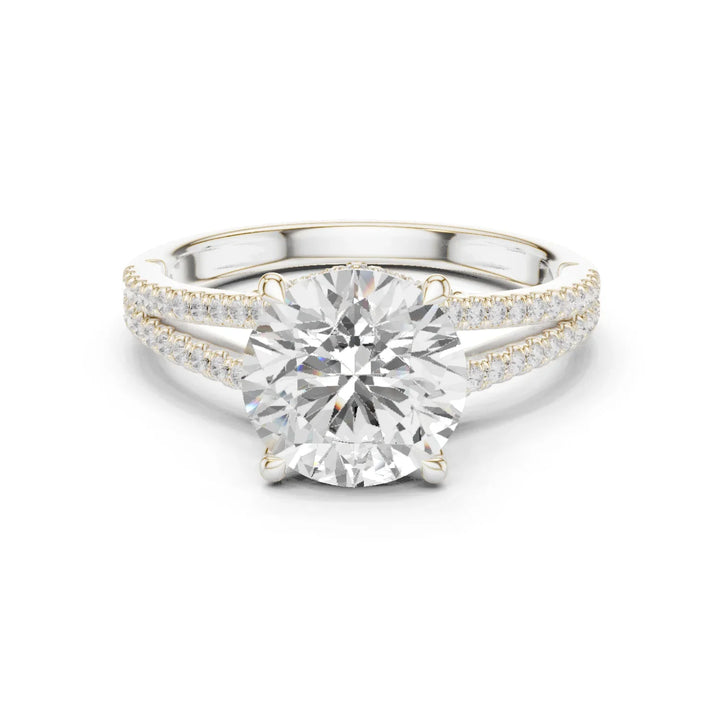 Round Cut Diamond Split Shank Engagement Ring with Pave Accents