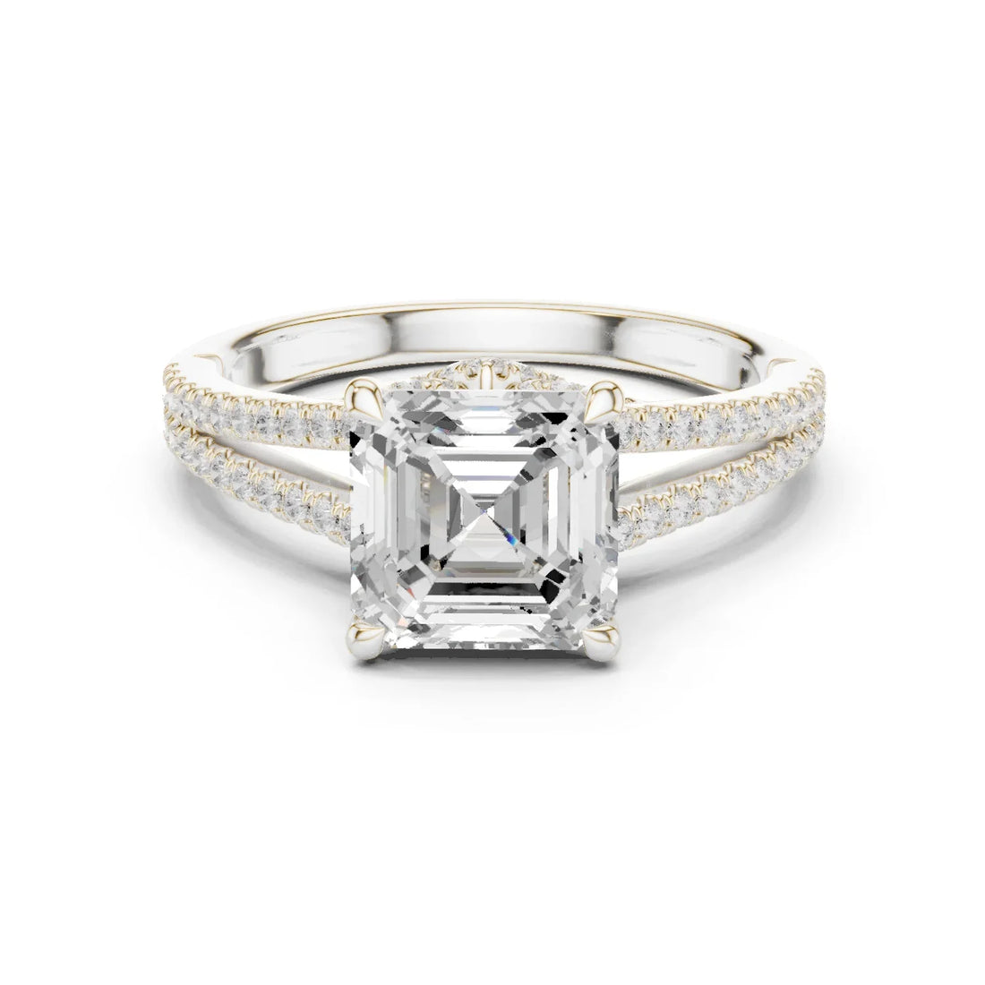Asscher Cut Diamond Split Shank Engagement Ring with Pave Accents